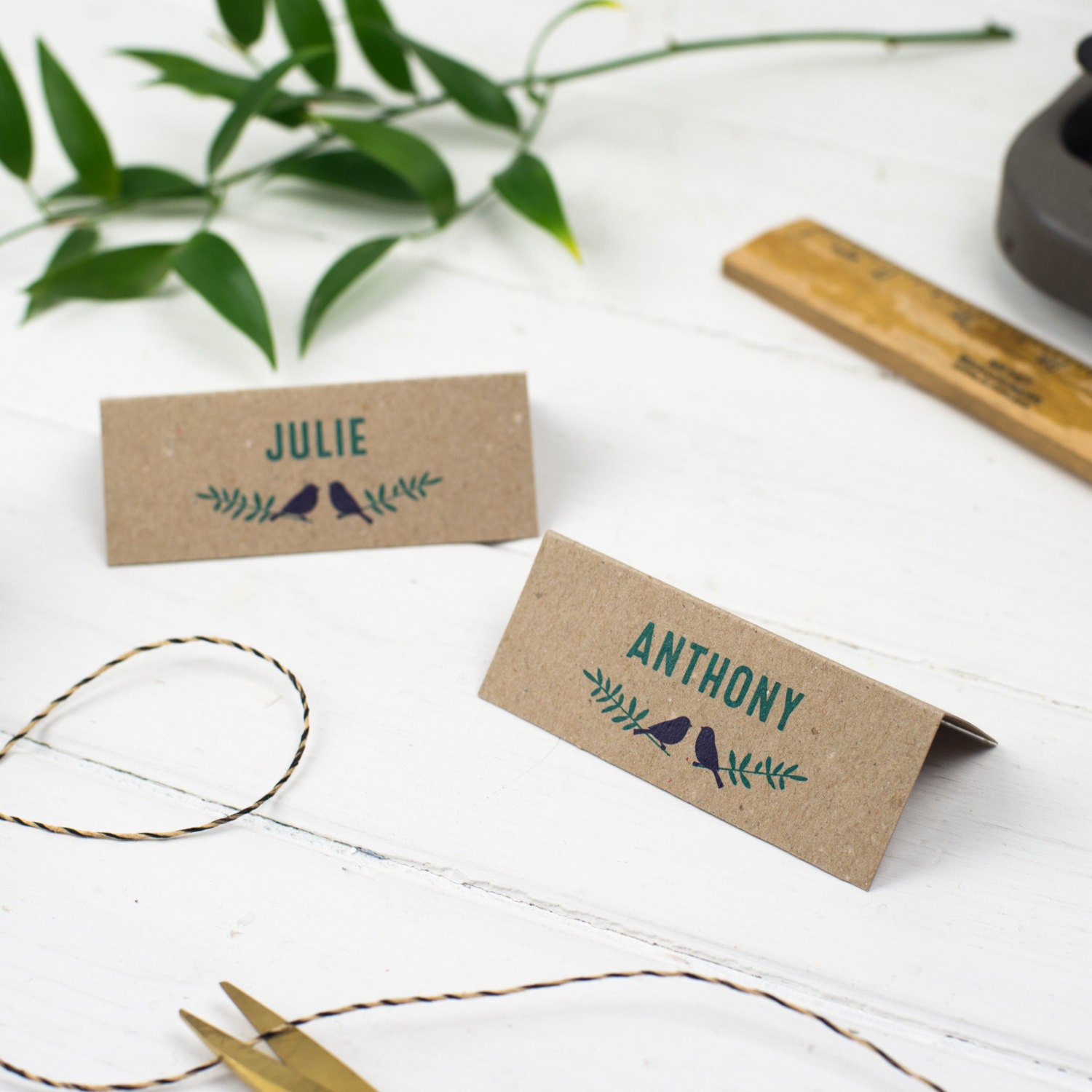 Wedding Place Cards, Woodland Names, Rustic Table Love Bird Name Tags, Garden Party, Retro Natural Kraft Cards