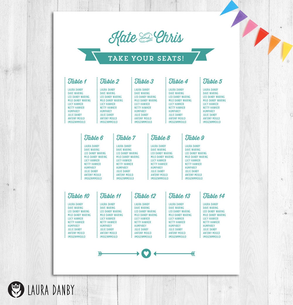 Wedding Table Plan, Party Seating Retro Styled Seat Chart, Rustic Bunting A2 Poster,