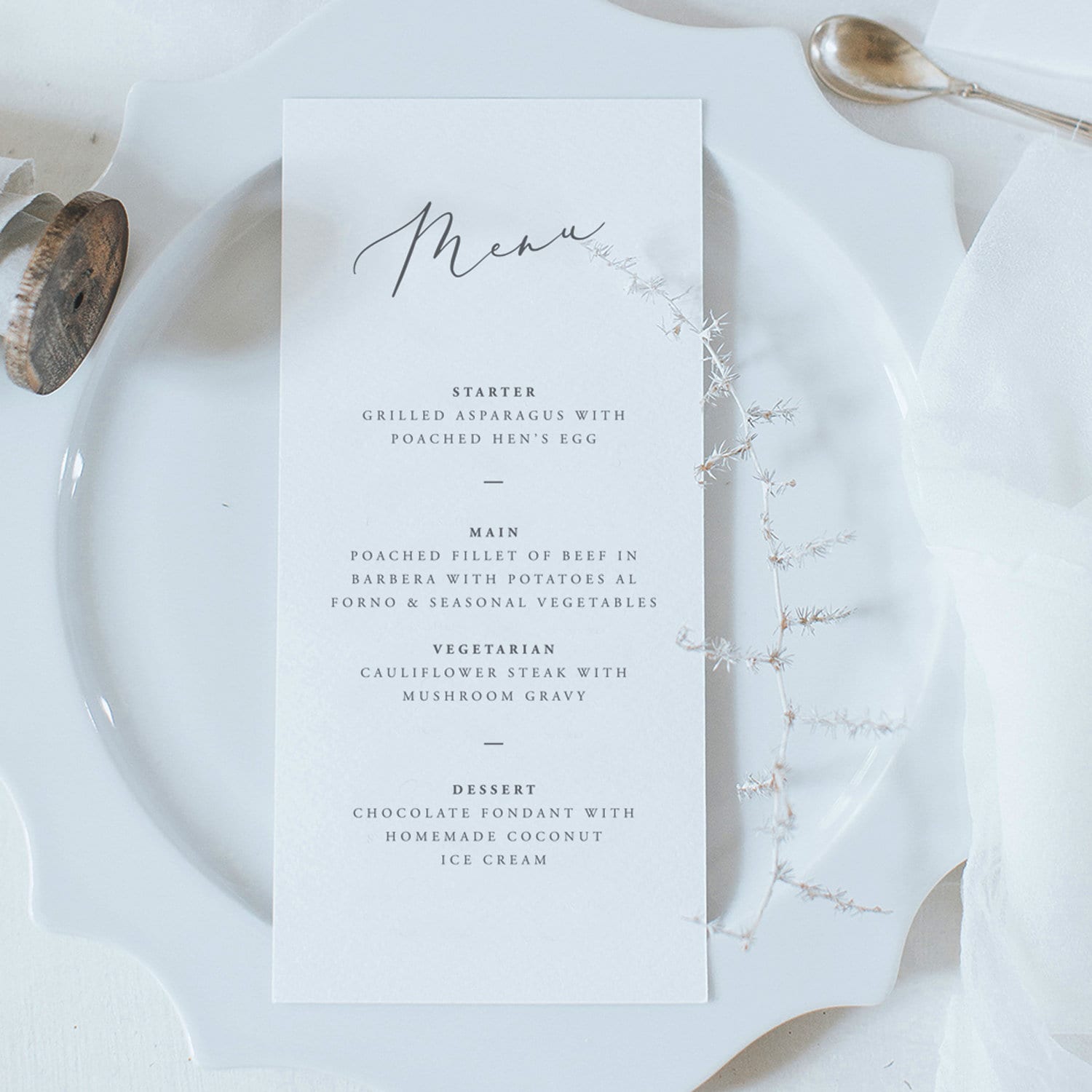 Wedding Dinner Menu With Simple Free-Flowing Font - Place Setting Printed Card