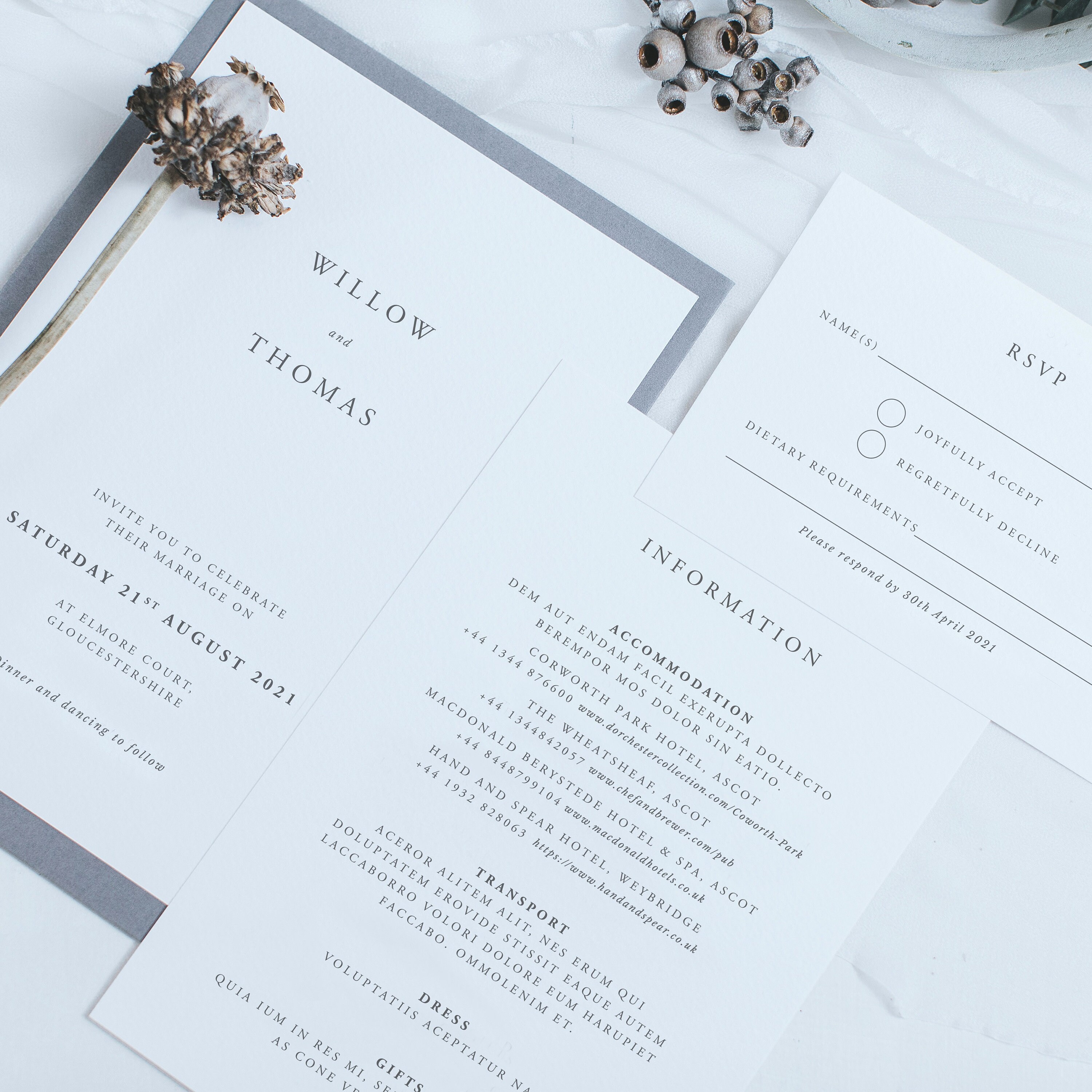 Elegantly Simple Printed Wedding Invitation Set - Stationery With Invite, Information Card, Rsvp & Envelope