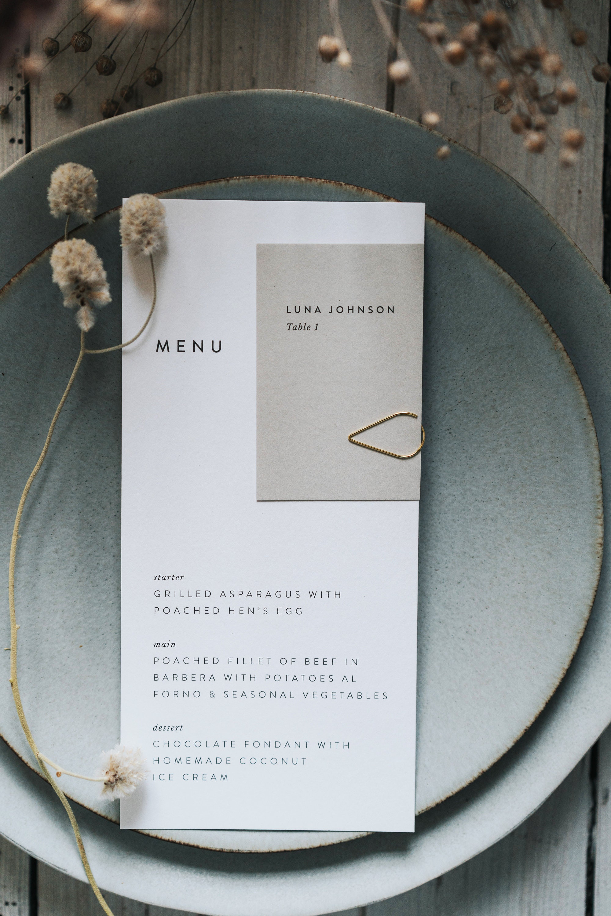 Personalised White Wedding Menus & Grey Name Cards - Day Name Tag Menu With Place