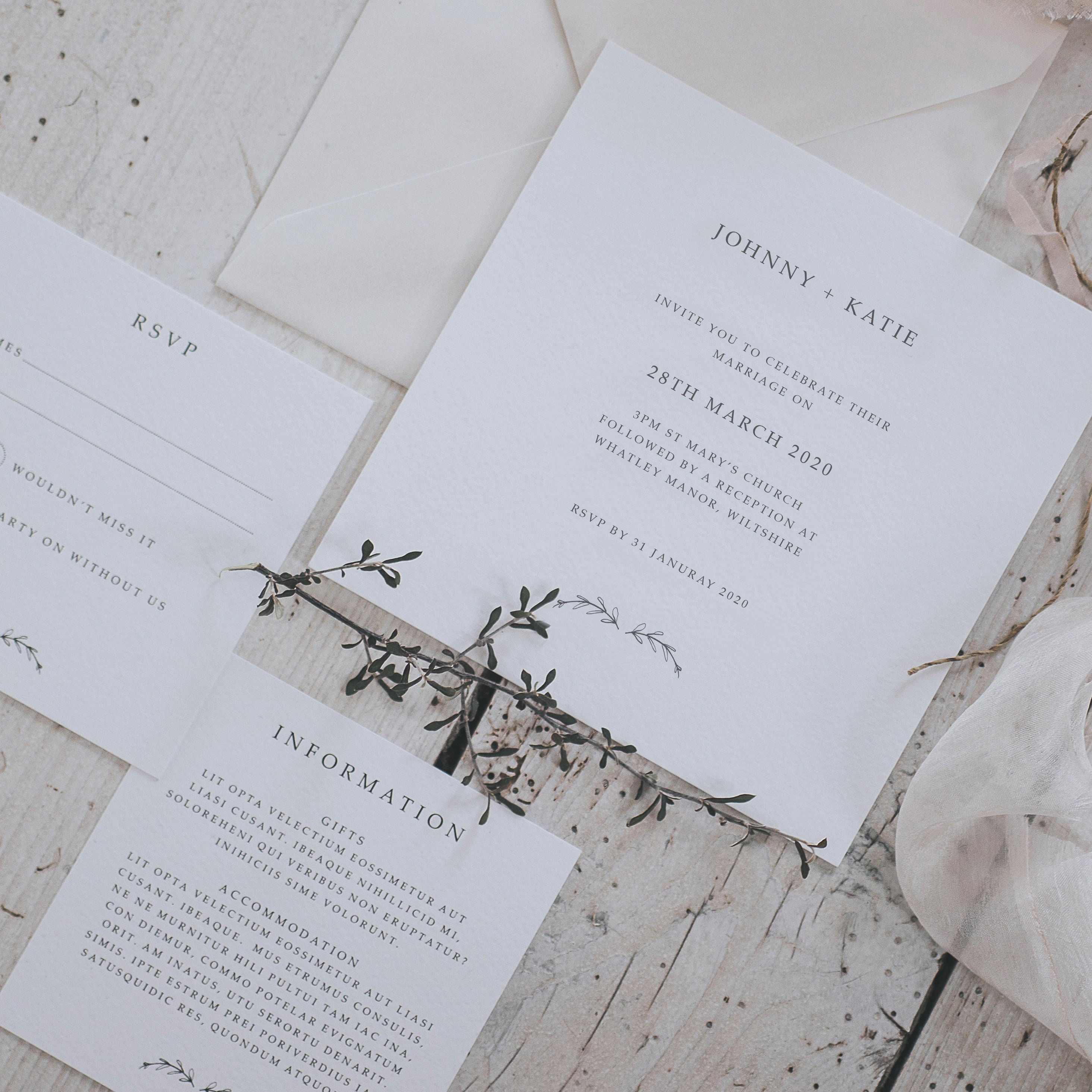 Modern Square, Simple Boho Printed Wedding Invitation Set - Includes Invitation, Information Card, Rsvp & Envelope