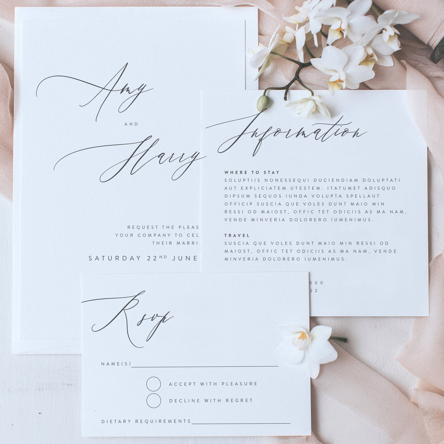 Wedding Invitation Set With Stylish & Classic Fonts - Includes Invitation, Information Card, Rsvp Envelope Printed