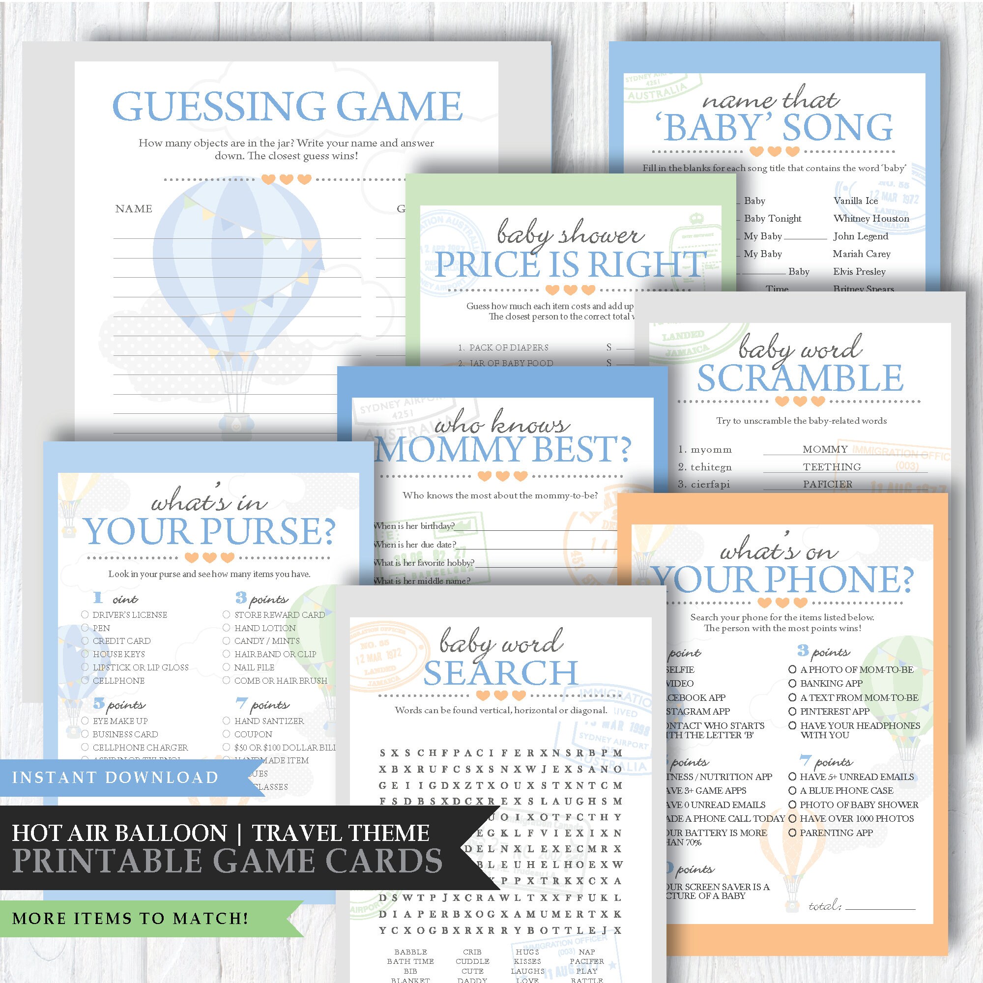 Hot Air Balloon Up Away Theme Printable Baby Shower Game Card Word Puzzle Name Song