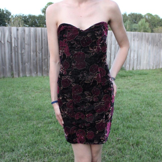 Vintage Strapless Crushed Velvet Cocktail Dress Gem