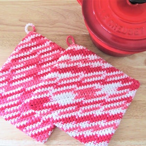 Crochet Potholders Eco Friendly Hot Pads Table Trivets Set Of Red Pink
