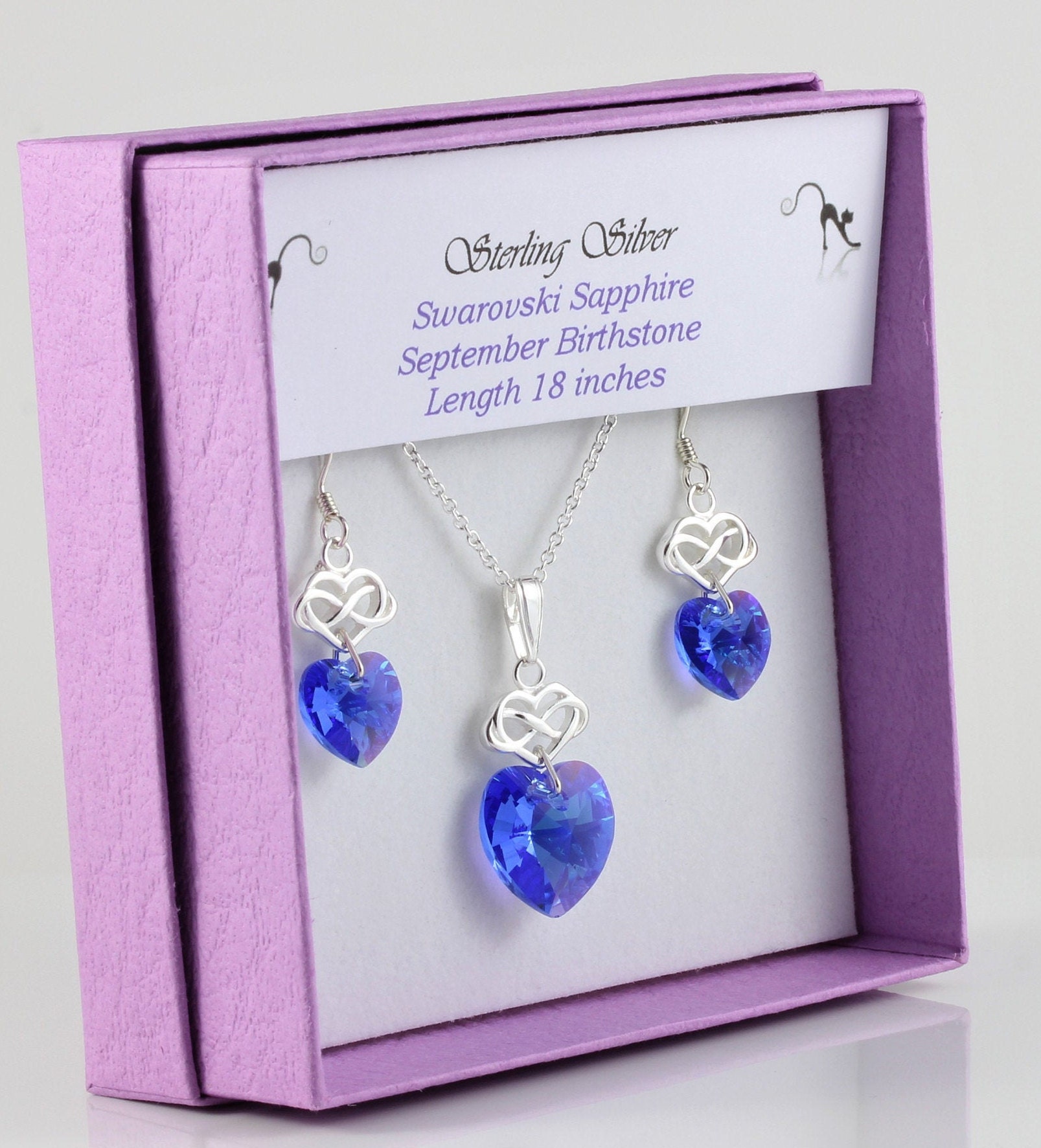 September Birthstone Sterling Silver & Swarovski Sapphire Ab Crystal Infinity Heart Necklace & Earring Set