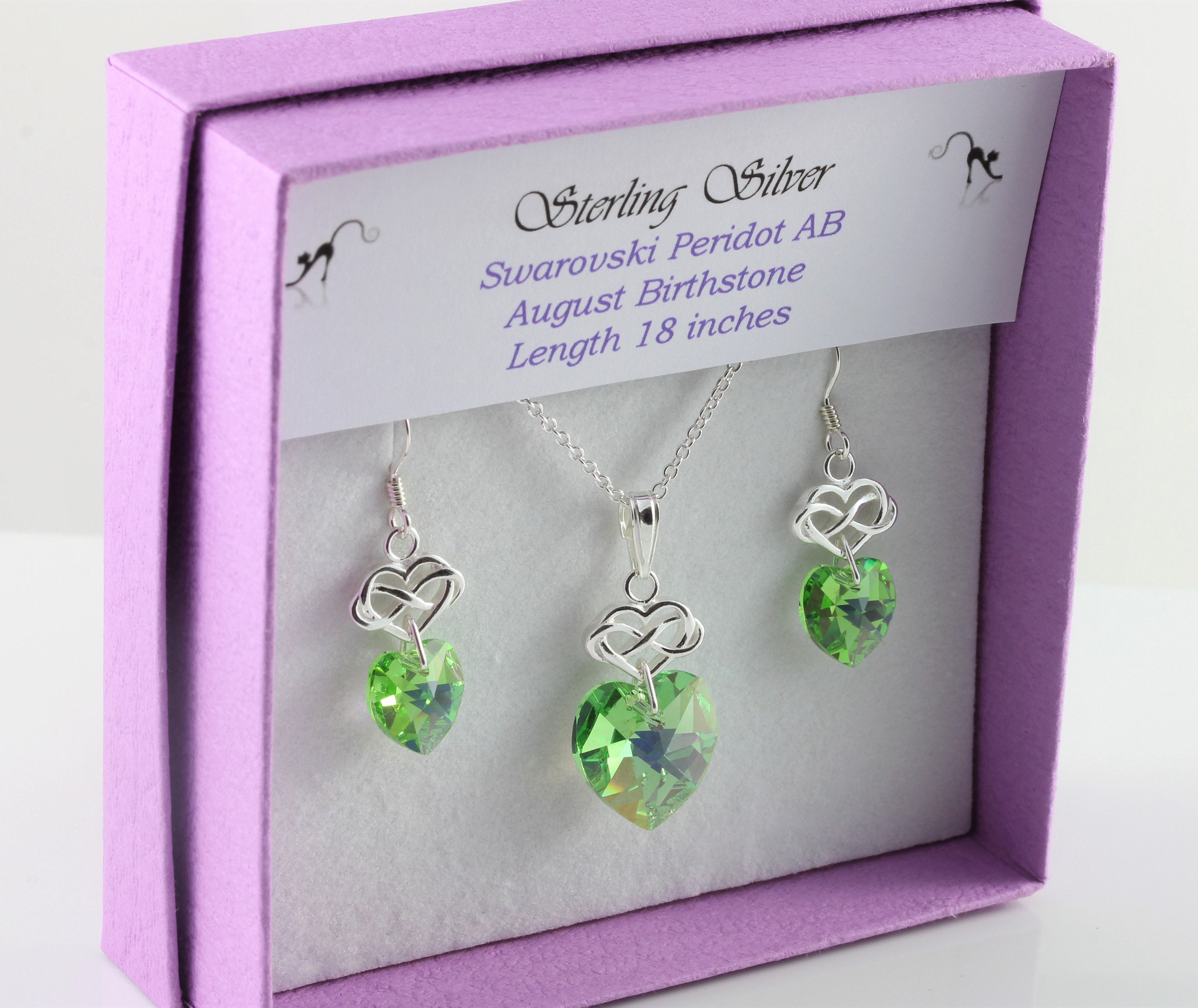 August Birthstone Sterling Silver & Swarovski Peridot Ab Crystal Infinity Heart Necklace & Earring Set