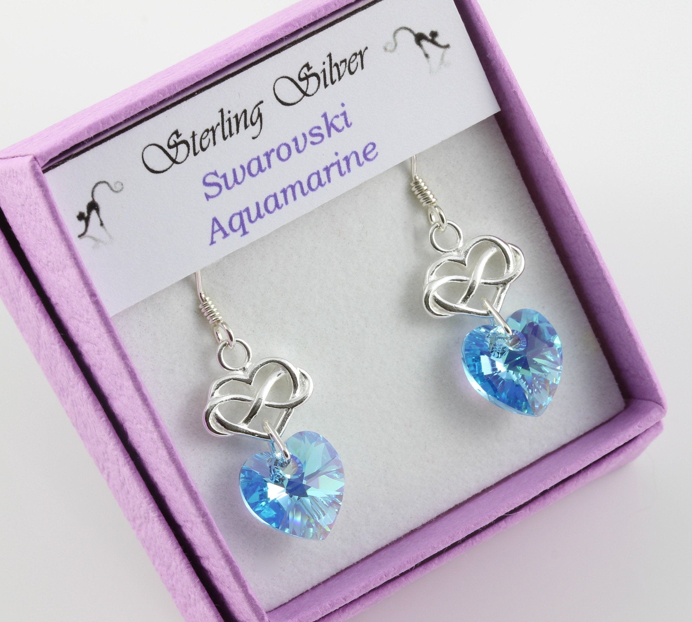 March Birthstone Sterling Silver & Swarovski Aquamarine Ab Crystal Infinity Heart Earrings