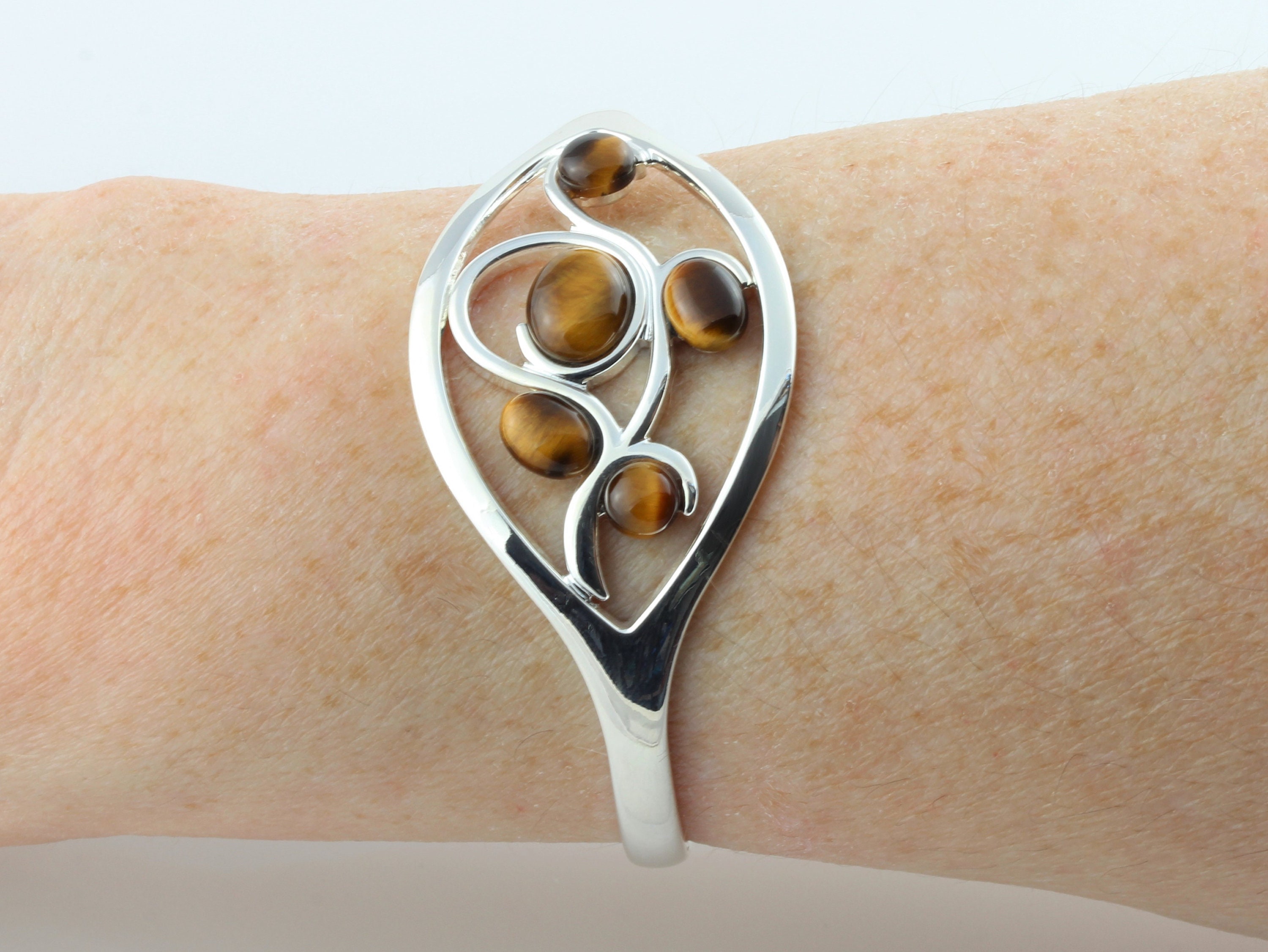 Natural Tigers Eye Gemstone Adjustable/Expandable Multi Cabochon Cuff Bangle