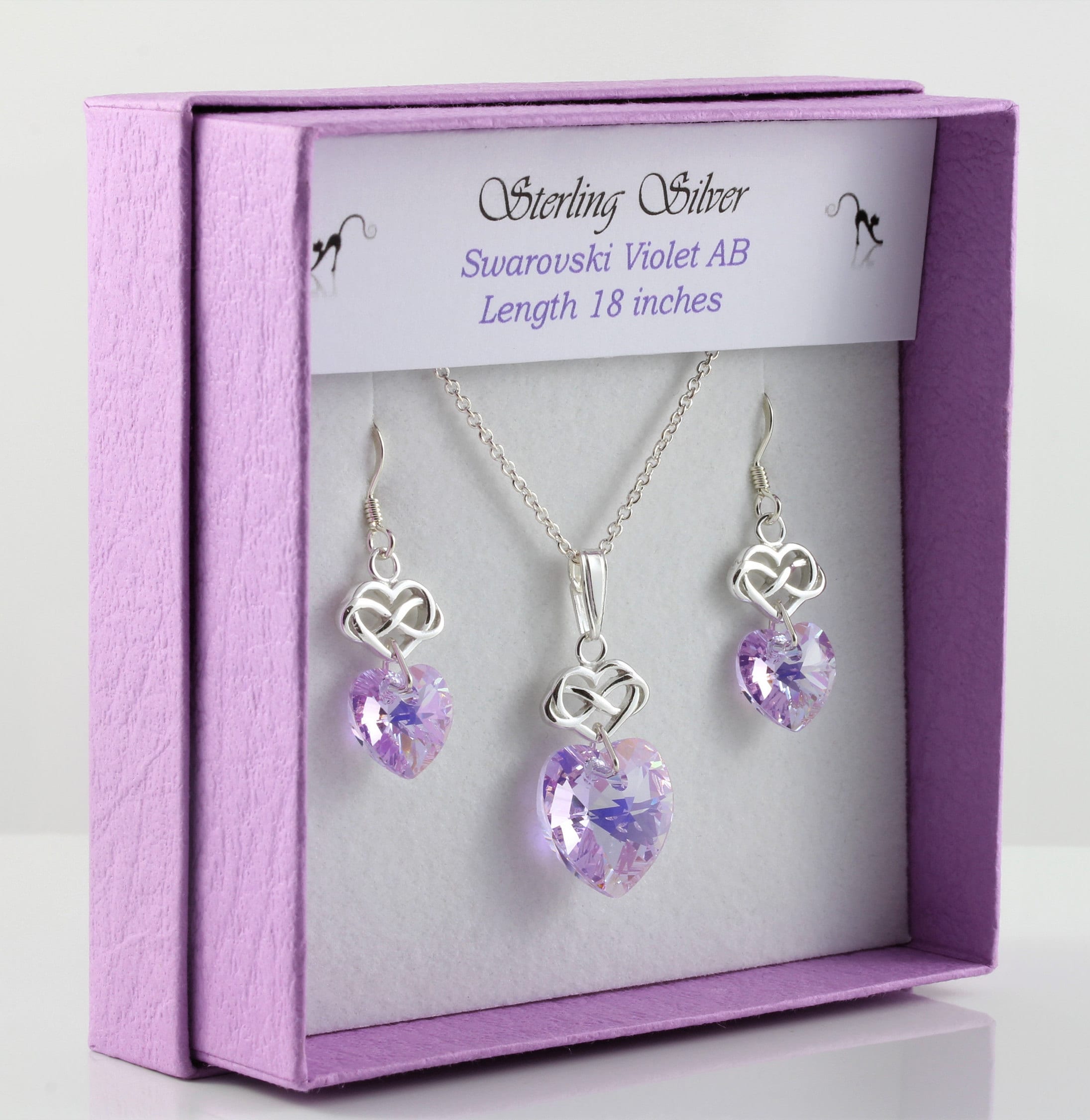 sterling Silver & Swarovski Violet Ab Crystal Infinity Heart Necklace & Earring Set