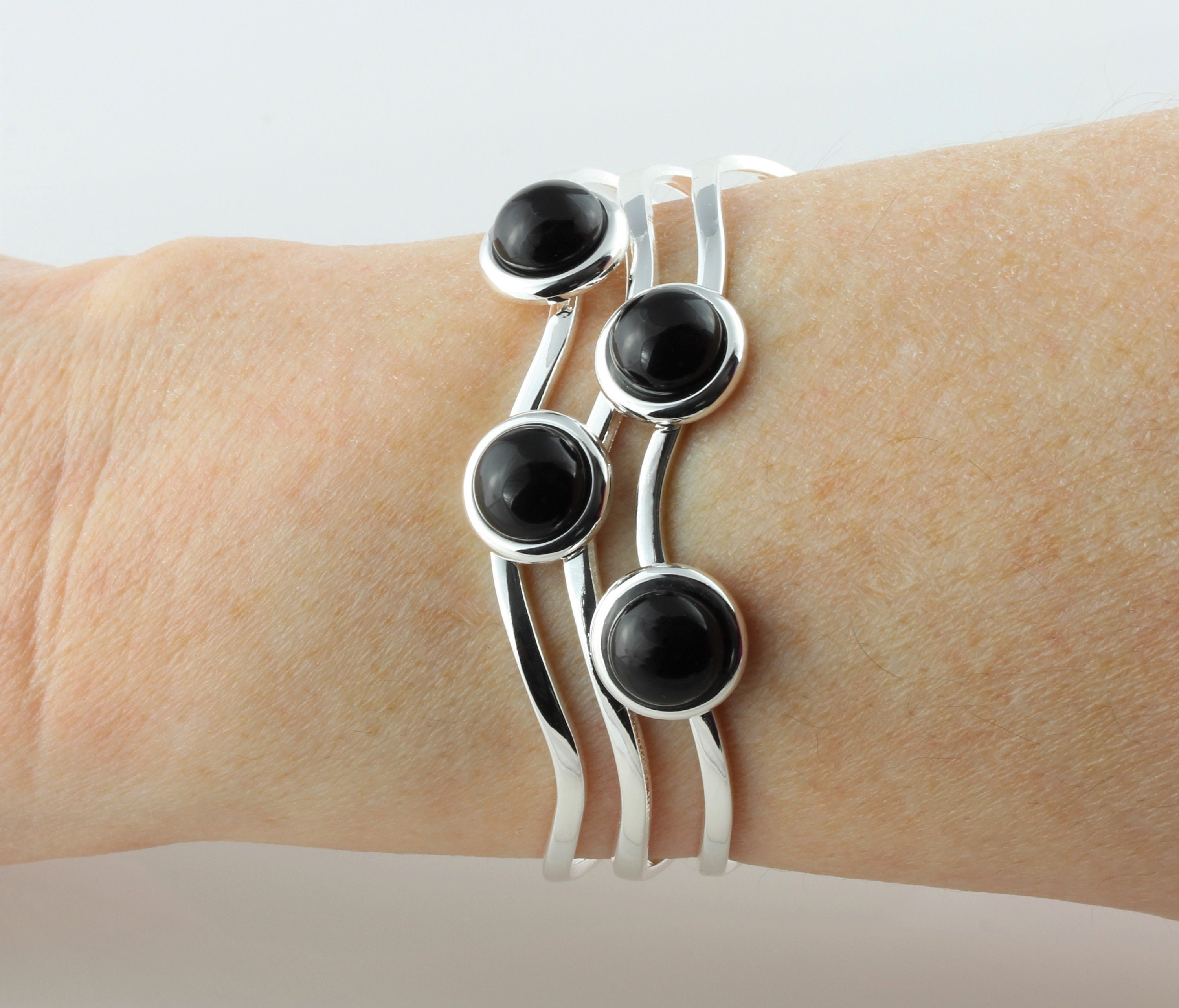 Natural Black Onyx Adjustable/Expandable Multi-Cabochon Cuff Bangle