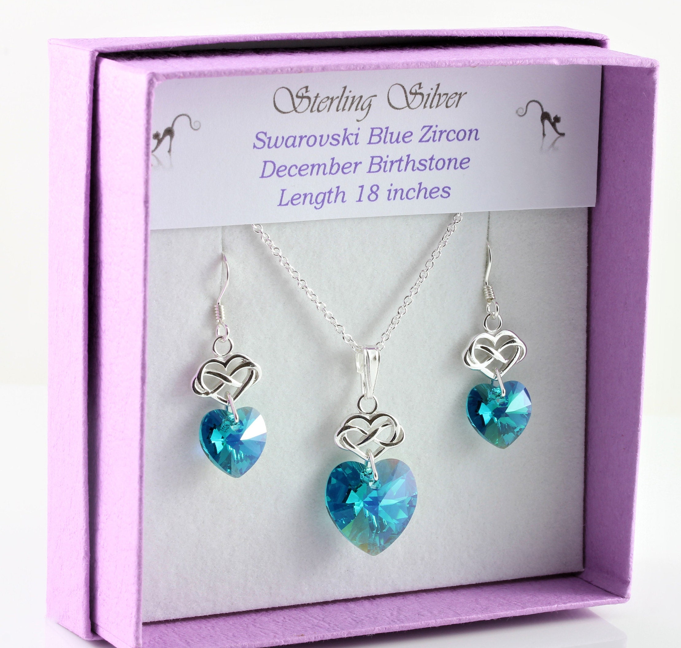sterling Silver & Swarovski Blue Zircon Ab Crystal December Birthstone Infinity Heart Necklace & Earring Set