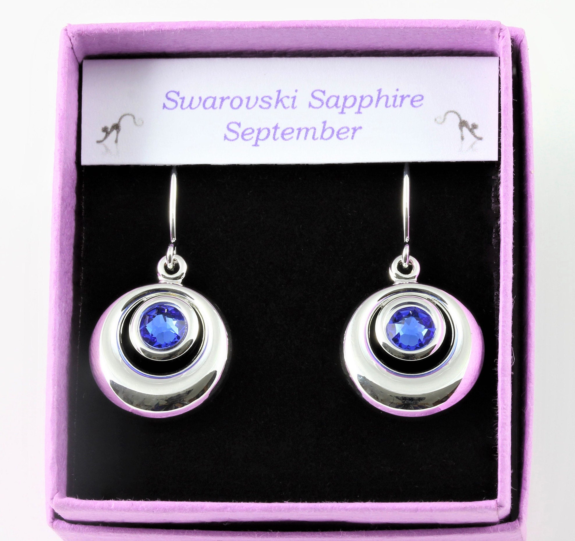 September Birthstone Swarovski Sapphire Crystal Circular Cabochon Drop Earrings