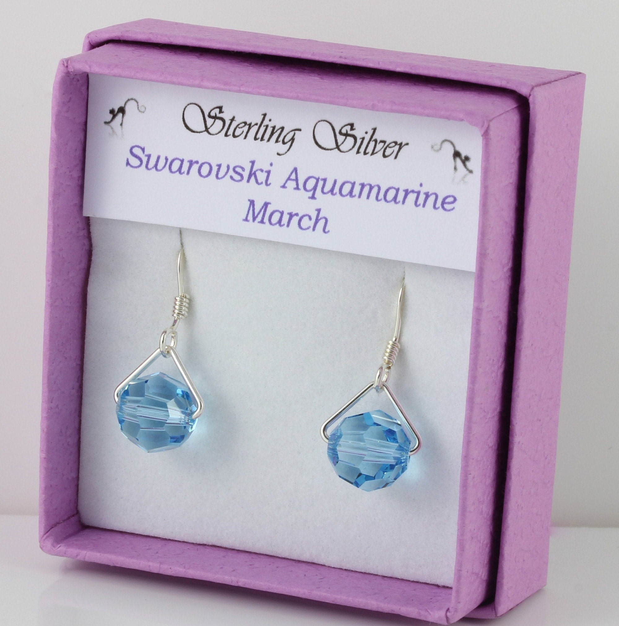 March Birthstone Swarovski Aquamarine Crystal Faceted Round Drop Earrings