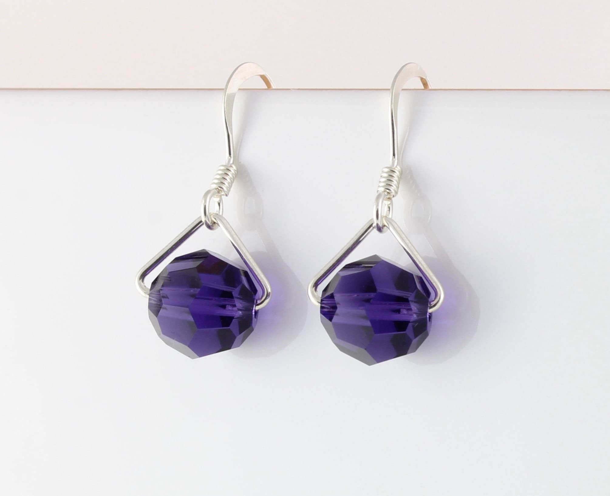 sterling Silver & Swarovski Purple Velvet Crystal Faceted Round Drop Earrings