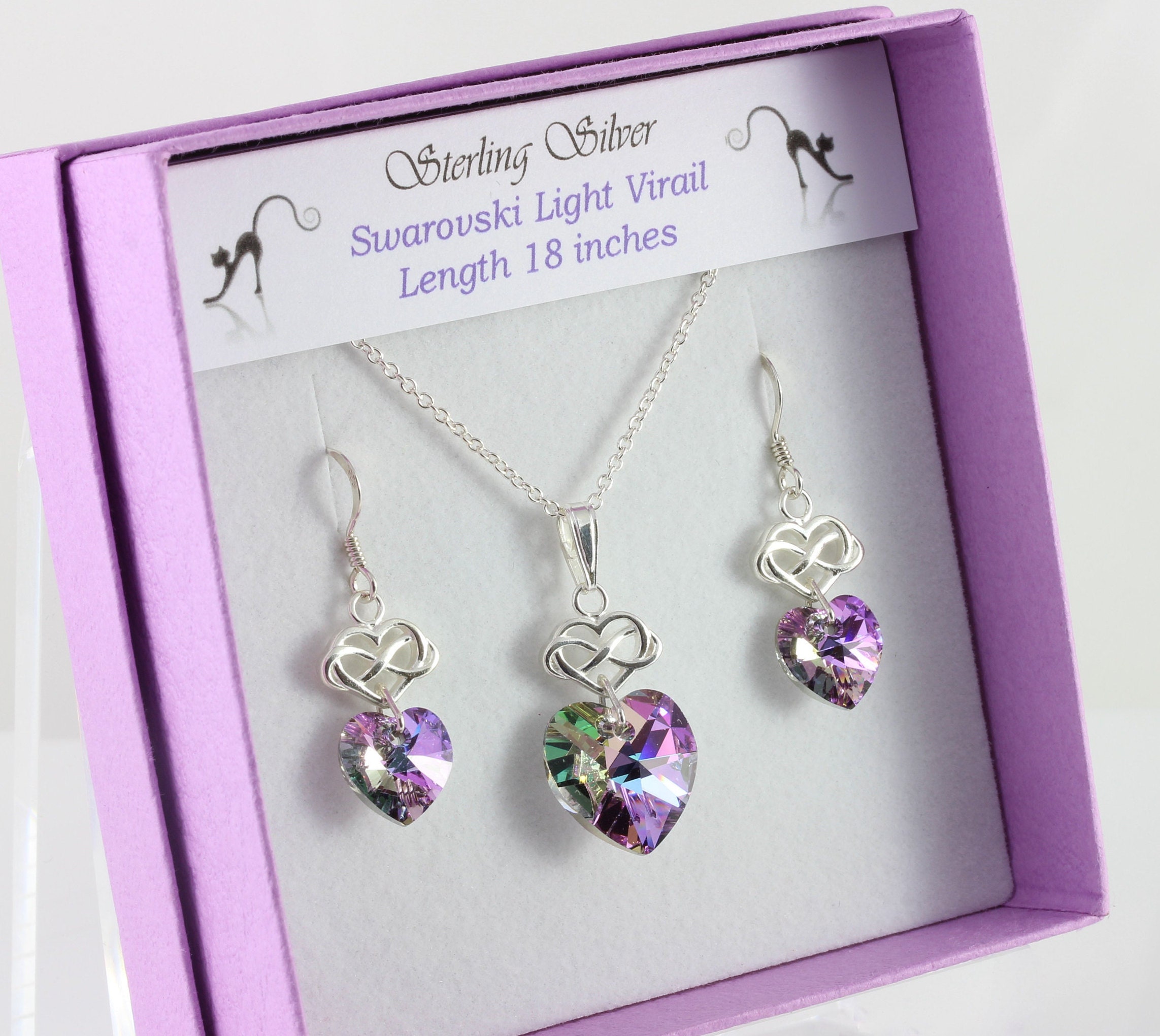 sterling Silver & Swarovski Light Vitrail Crystal Infinity Heart Necklace & Earring Set