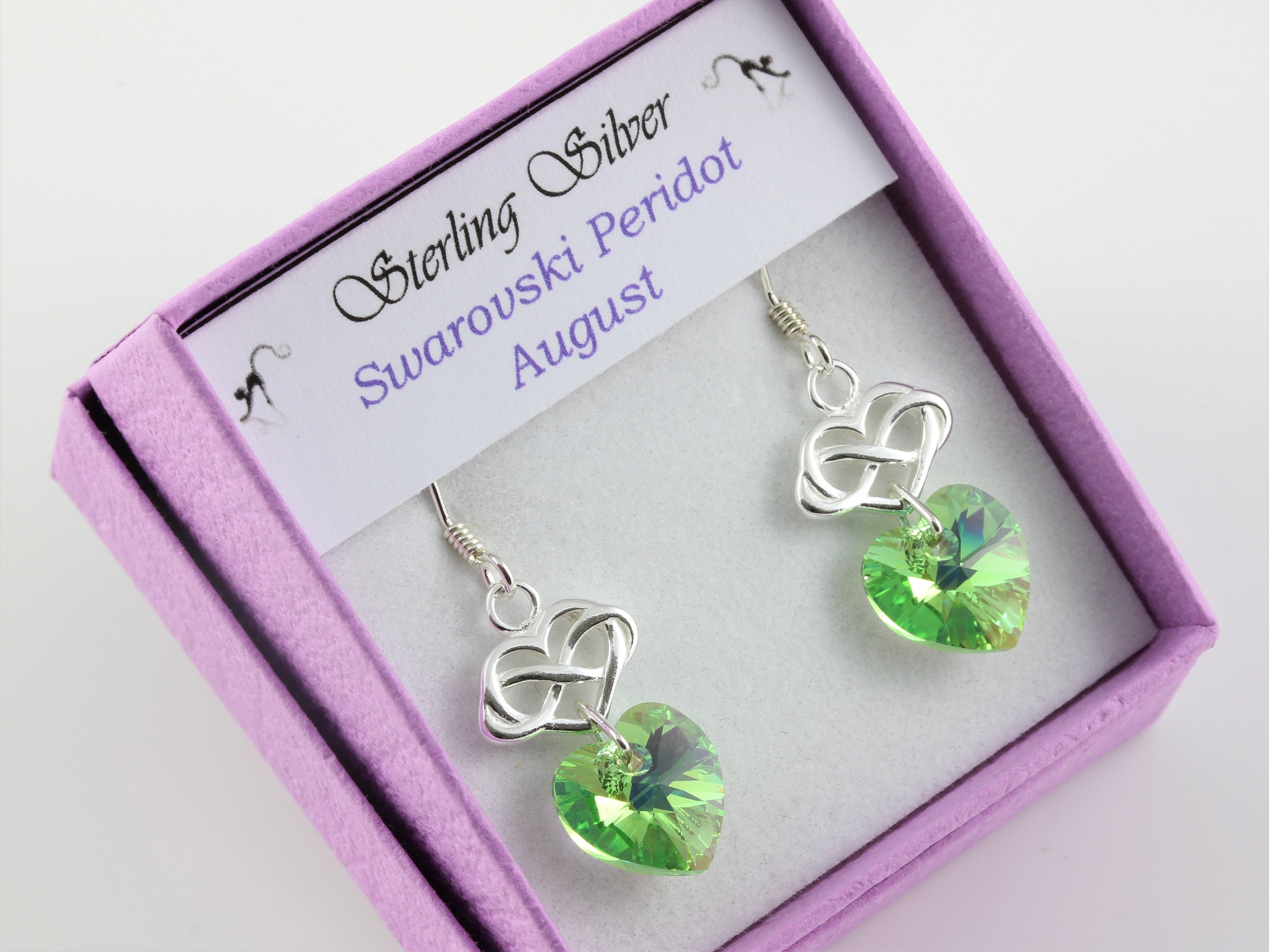 August Birthstone Sterling Silver & Swarovski Peridot Ab Crystal Infinity Heart Drop Earrings