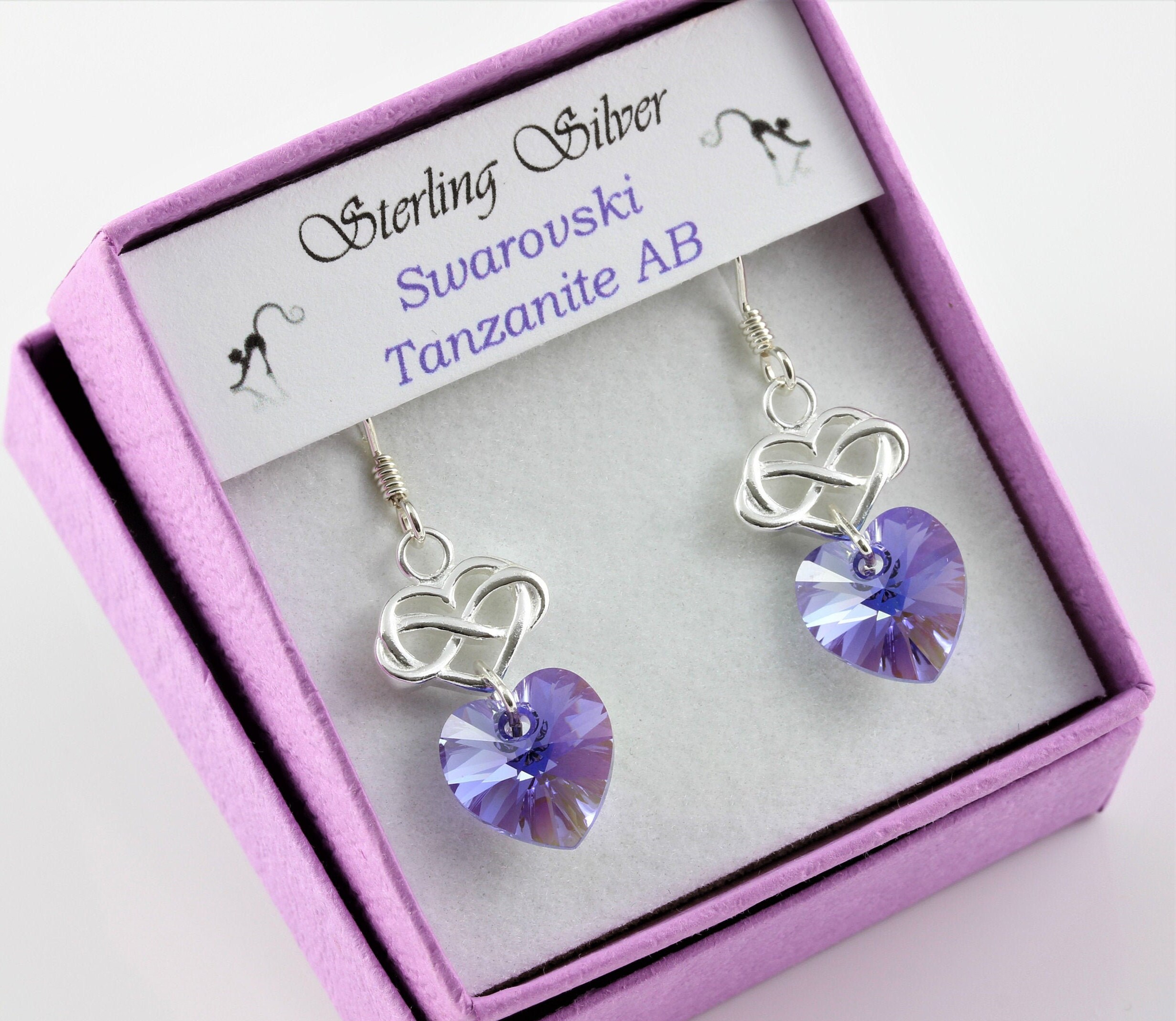 December Birthstone Sterling Silver & Swarovski Tanzanite Ab Crystal Infinity Heart Drop Earrings