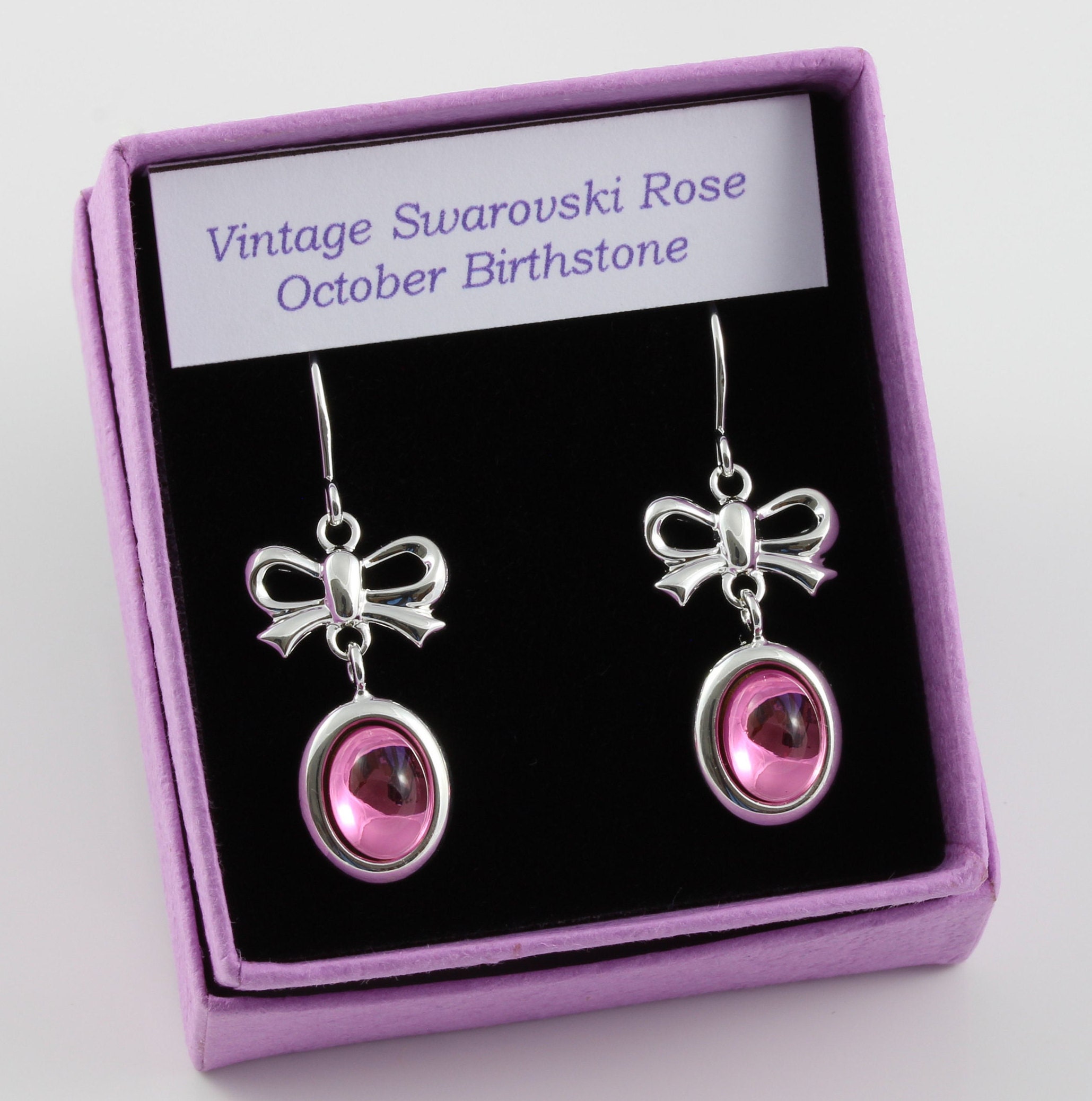 October Birthstone Vintage Swarovski Rose Crystal Cabochon & Bow Drop Earrings