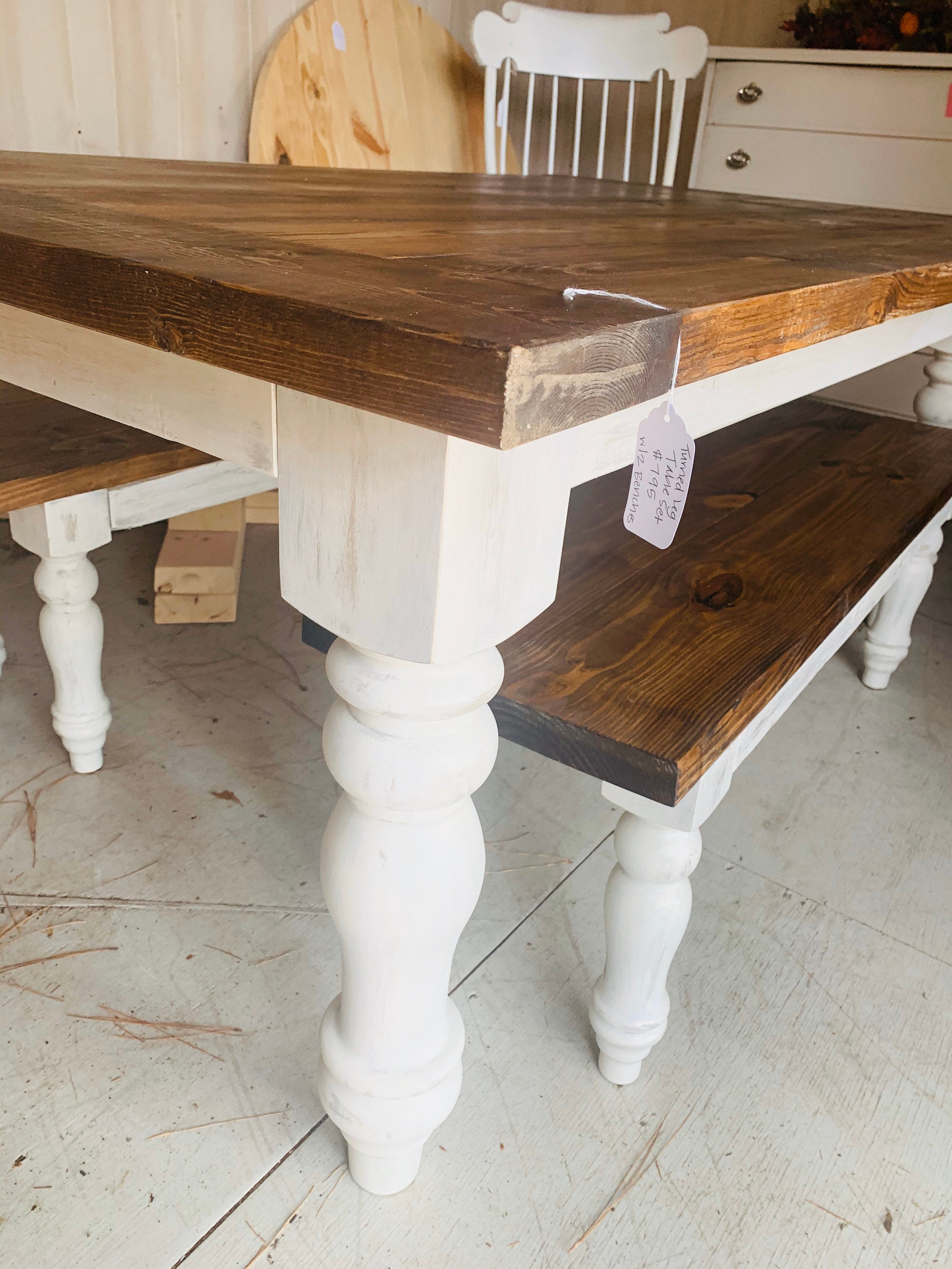 Rustic Farmhouse Table Set With Chunky Turned Legs And Breadboards