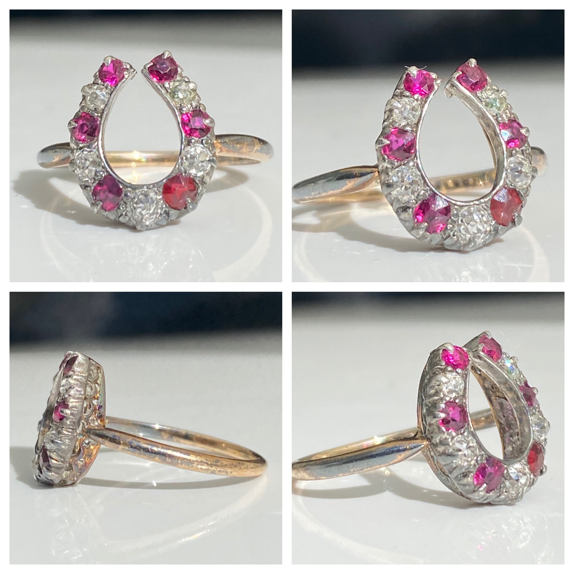 Antique ~ Horseshoe Diamond & Ruby Ring 15Ct Gold Size R/Us 8.5