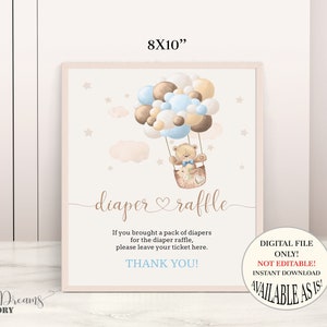 Bear Hot Air Balloon Diaper Raffle Sign Boho Teddy Bear With Balloons Baby Shower Party Sign