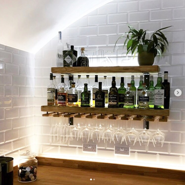Reclaimed wood made to measure chunky kitchen shelves with brackets, handmade with or without wine glass holder in rustic finish