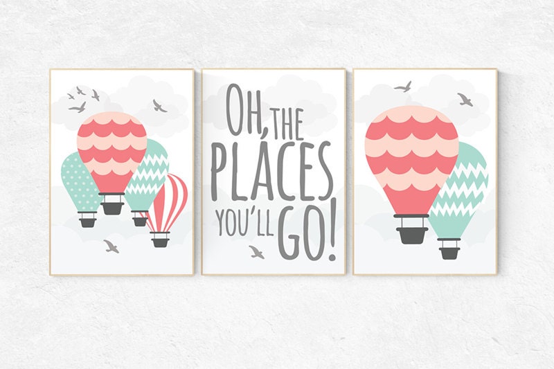 Oh The Places You Ll Go Hot Air Balloon Set Of Prints Etsy