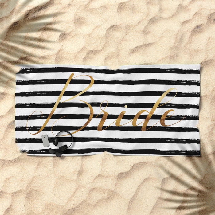 oversized beach towel - bride and stripes - gold black and white