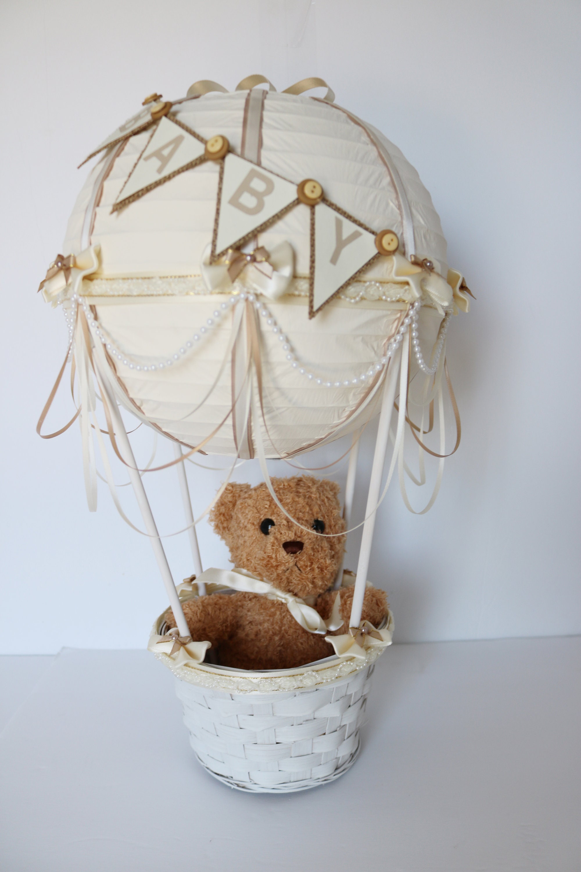 Teddy Bear Hot Air Balloon Centerpiece Ivory And Beige Up Up And Away Baby Shower Baby Shower