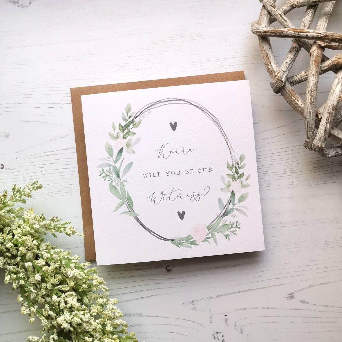 Personalised Will You Be Our Witness Wedding Card. Rustic, Greenery, Botanical, Country Floral