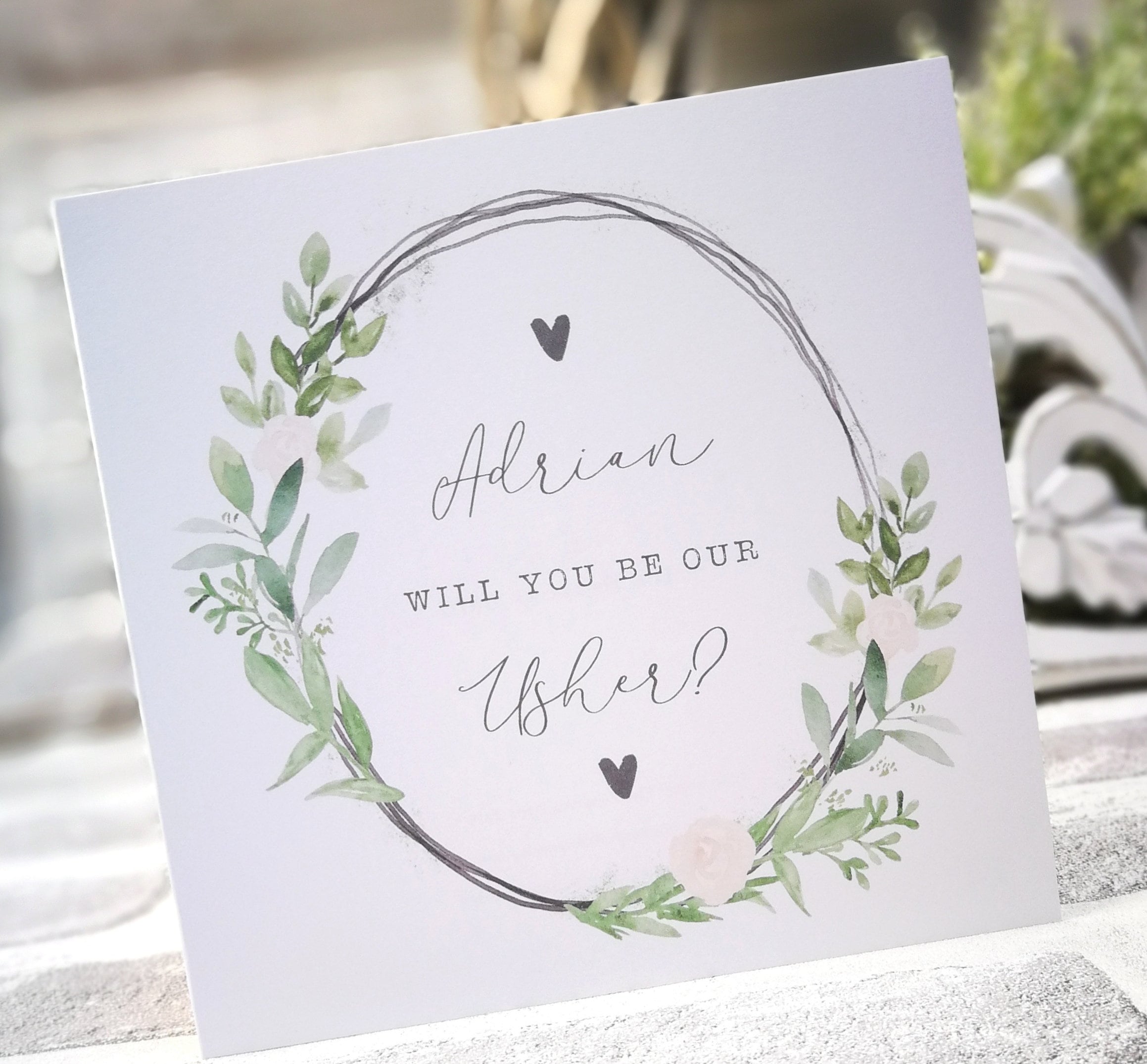 Personalised Will You Be Our Usher/Greeter Wedding Card. Rustic, Greenery, Botanical, Country Floral