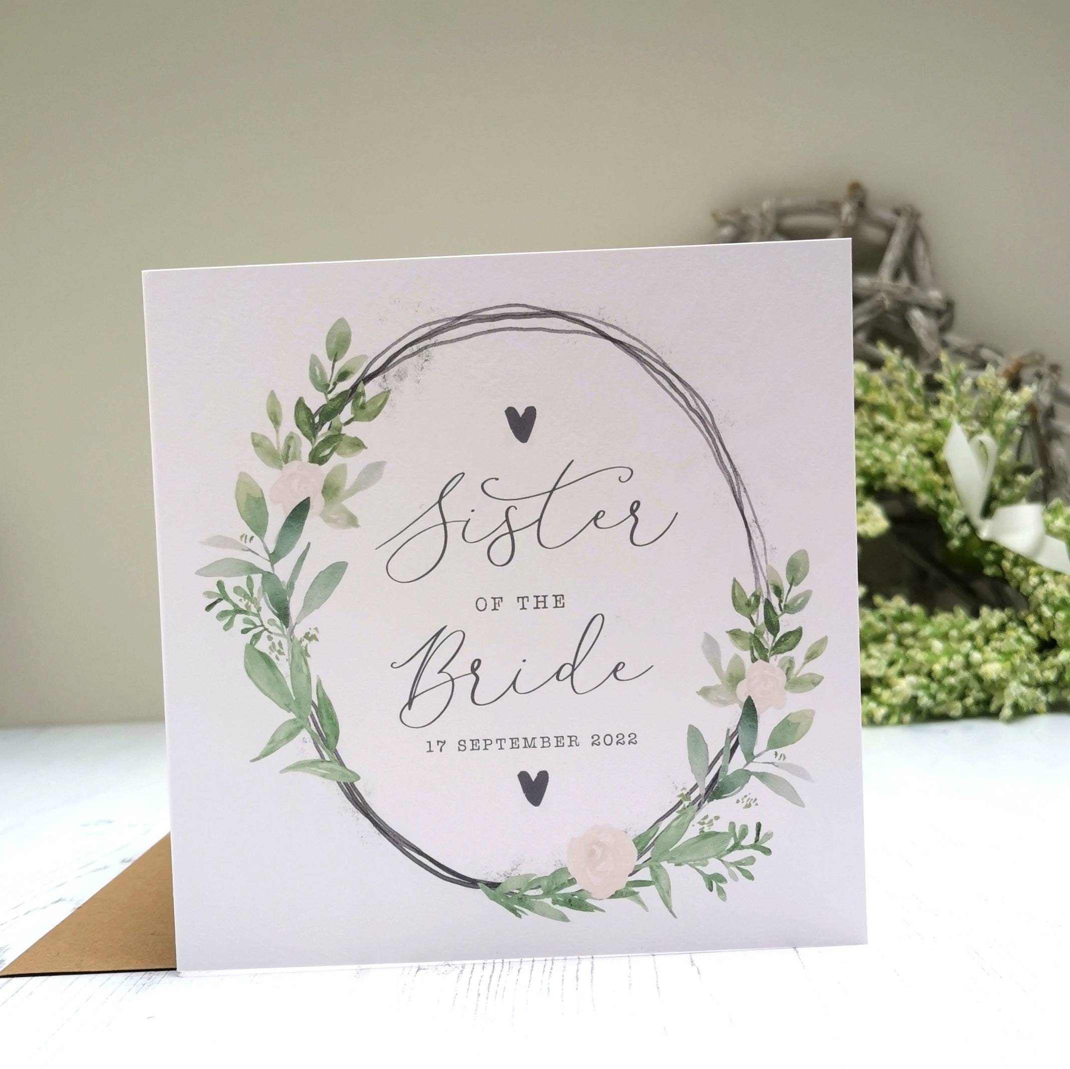 Personalised Sister/Brother Of The Bride Card. Rustic, Greenery, Botanical, Country Floral