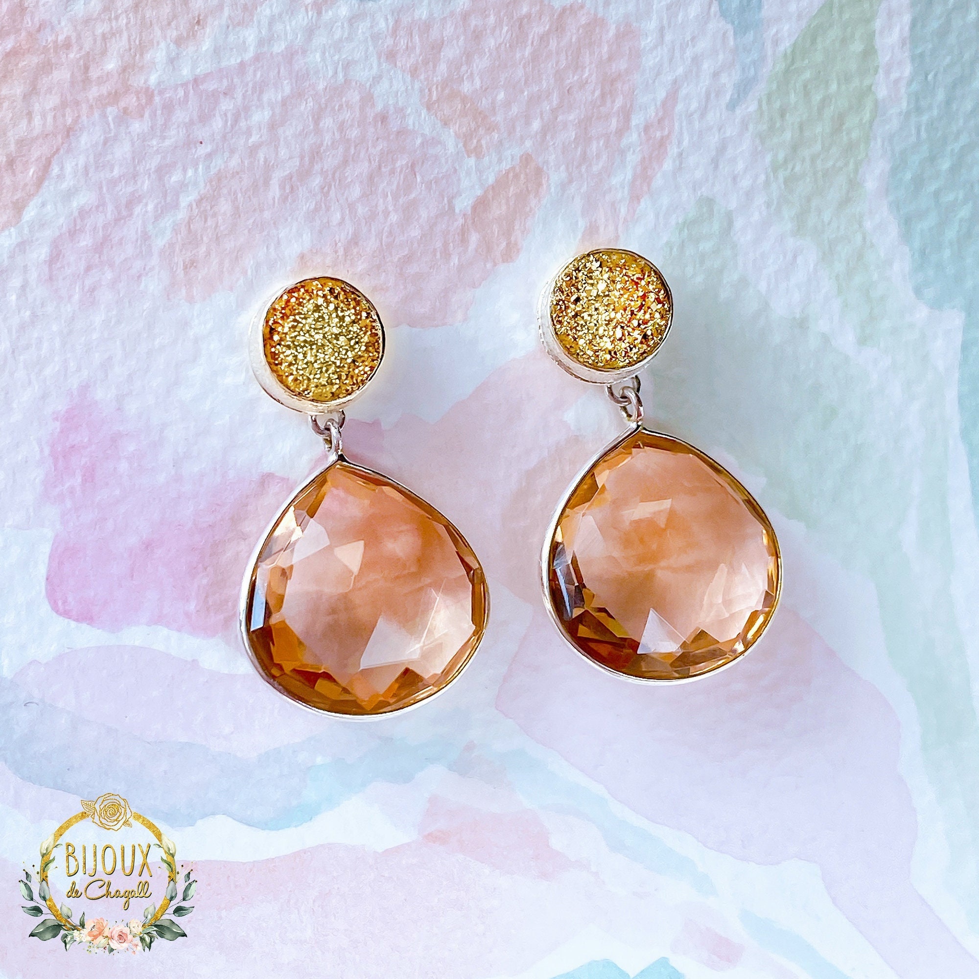 Chic Peach Morganite & Gold Druzy Drop Earrings in 925 Silver 24Ct Gold