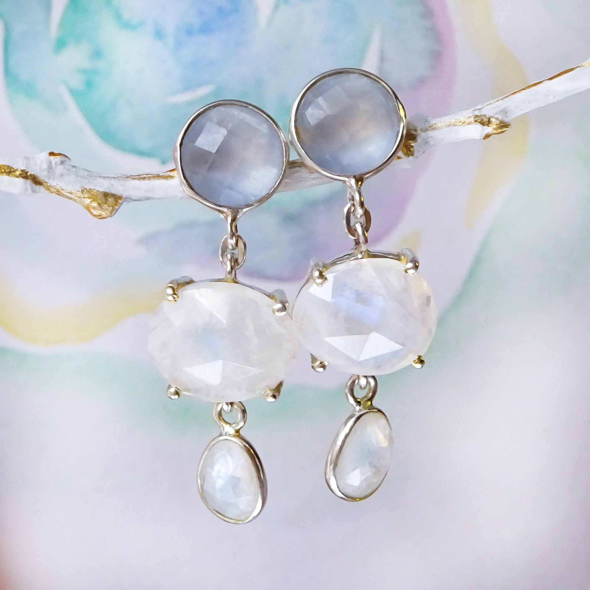 Luminous Moonstone & Blue Chalcedony Dangle Stud Earrings in Sterling Silver