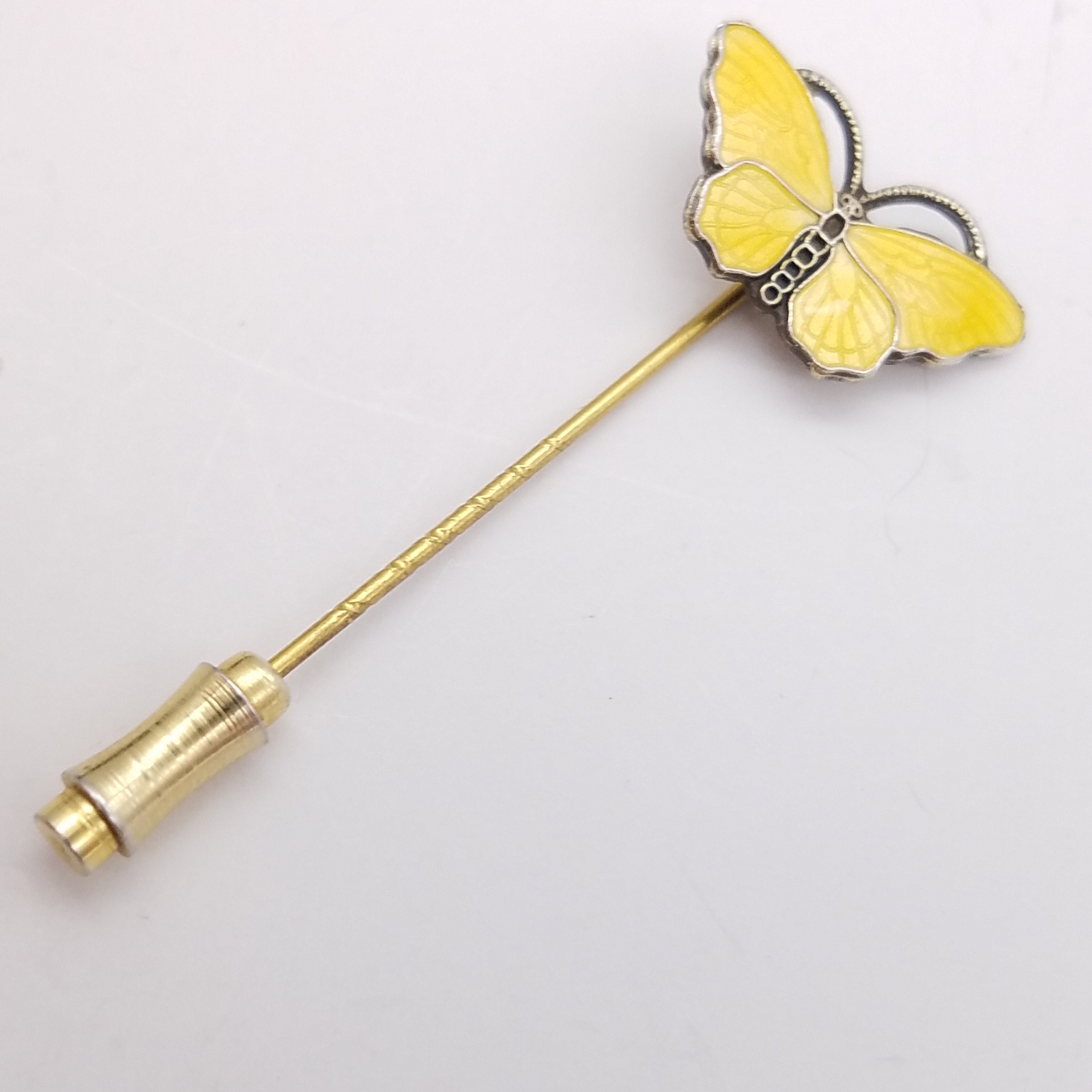 Opro Norway Gold Vermeil Sterling & Yellow Guilloche Enamel Butterfly Stick Pin