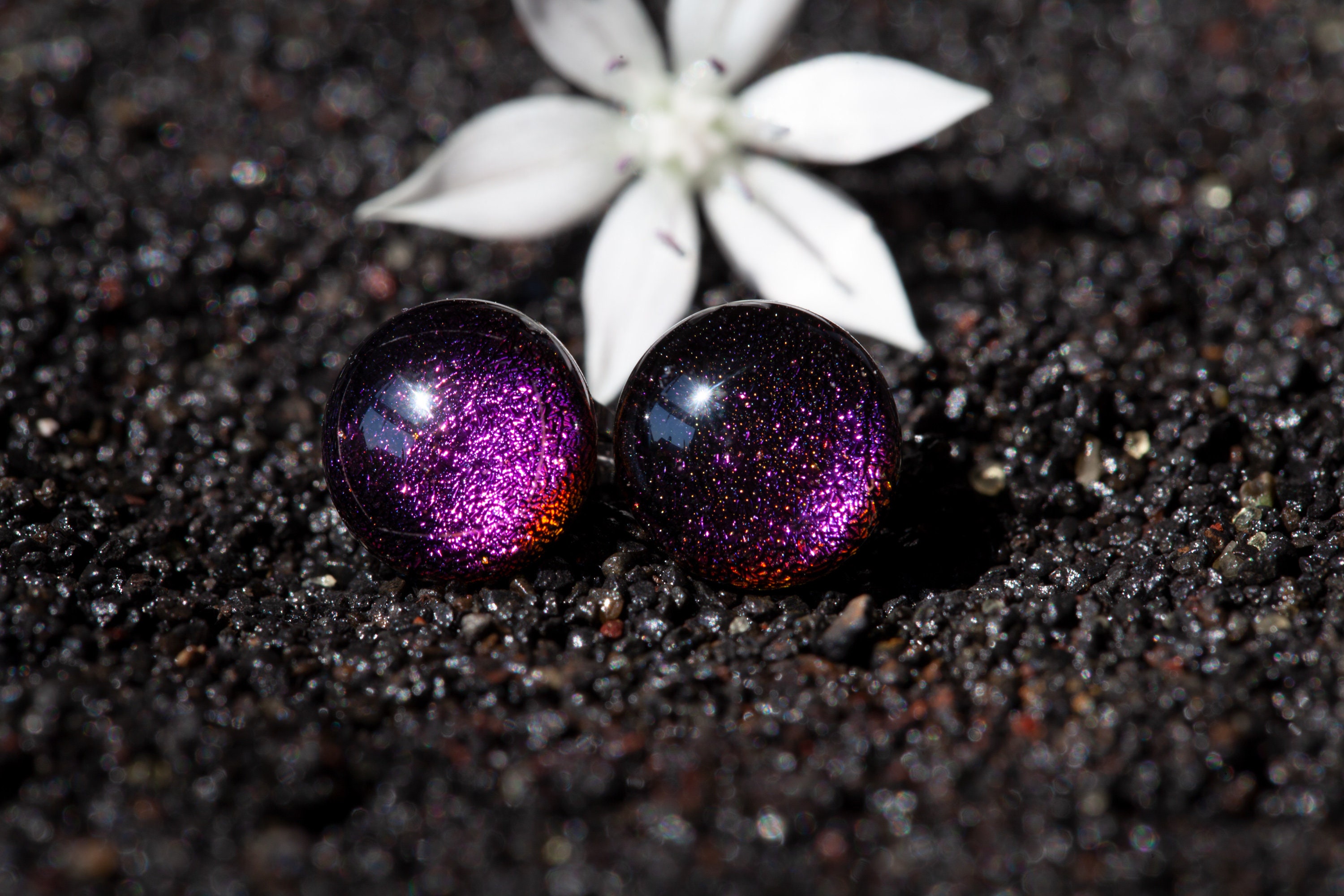 Handmade Black Cherry Fused Glass Stud Earrings | Sparkling Jewellery Dichroic Surgical Steel