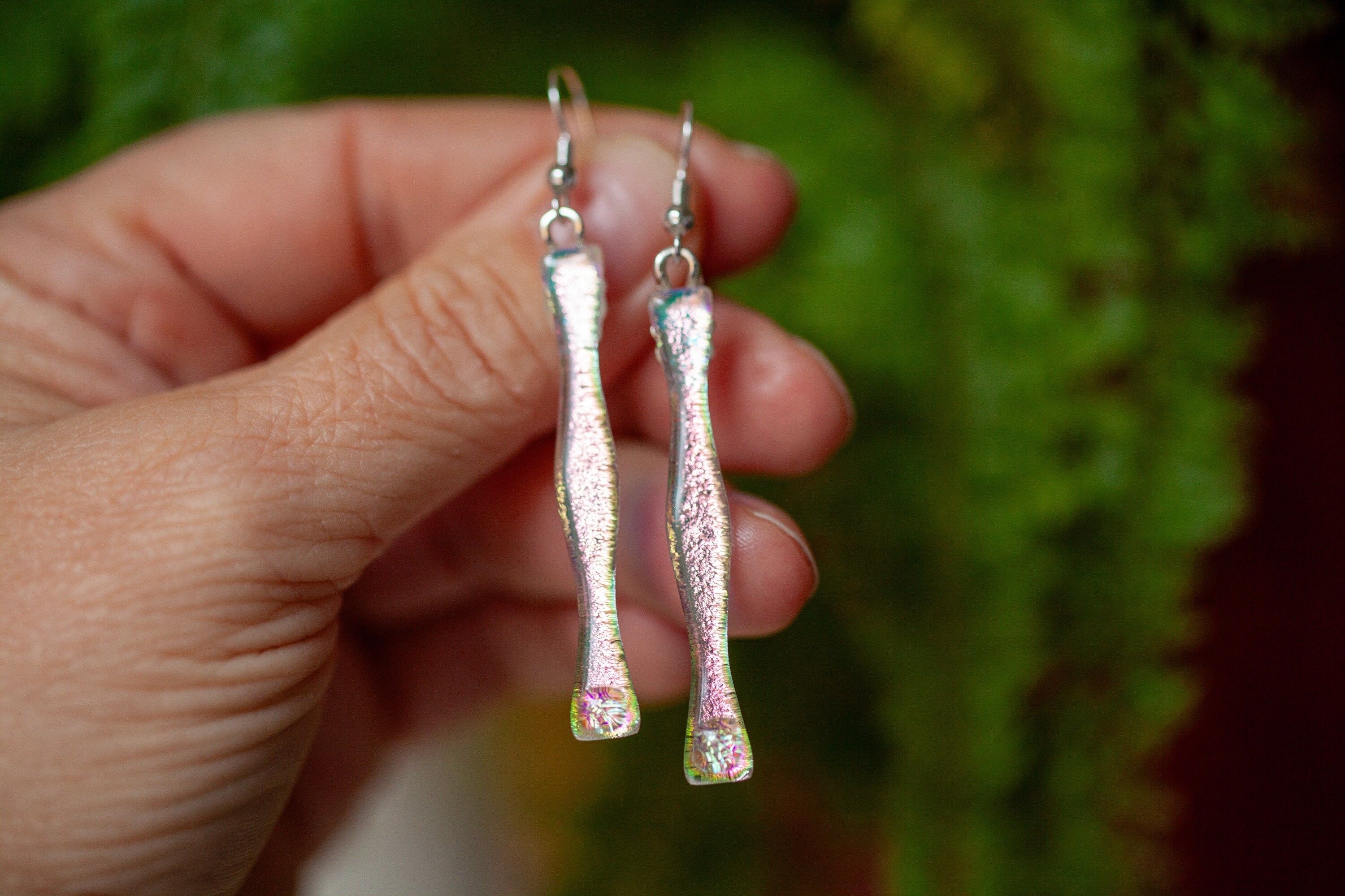 Luscious Long Pale Pink Dichroic Fused Glass Dangle Earrings