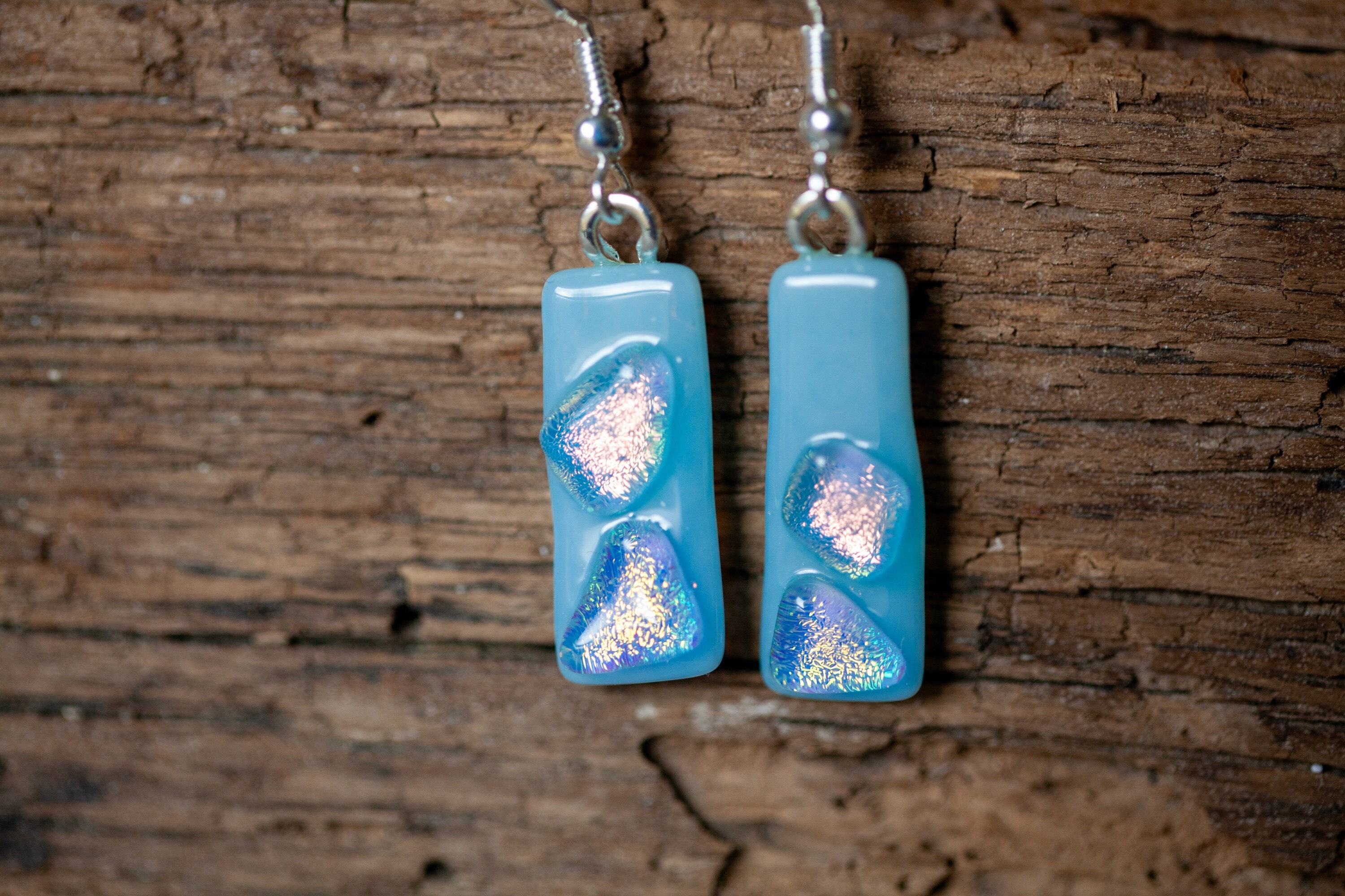 Luscious Dichroic Crumbs Over Pastel Blue Glass Fused Glass Dangle Earrings