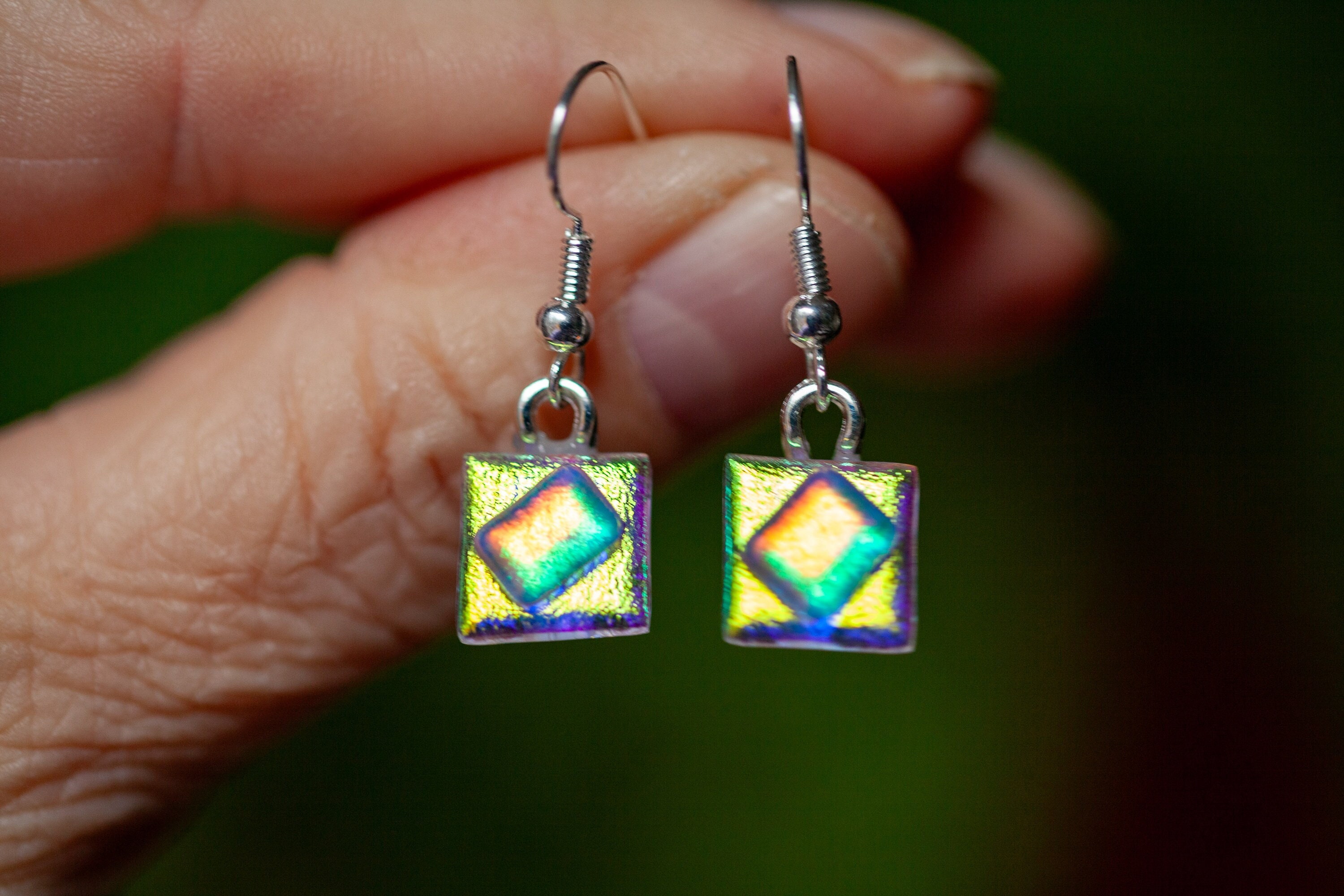 Layered Square Dichroic Fused Glass Dangle Earrings