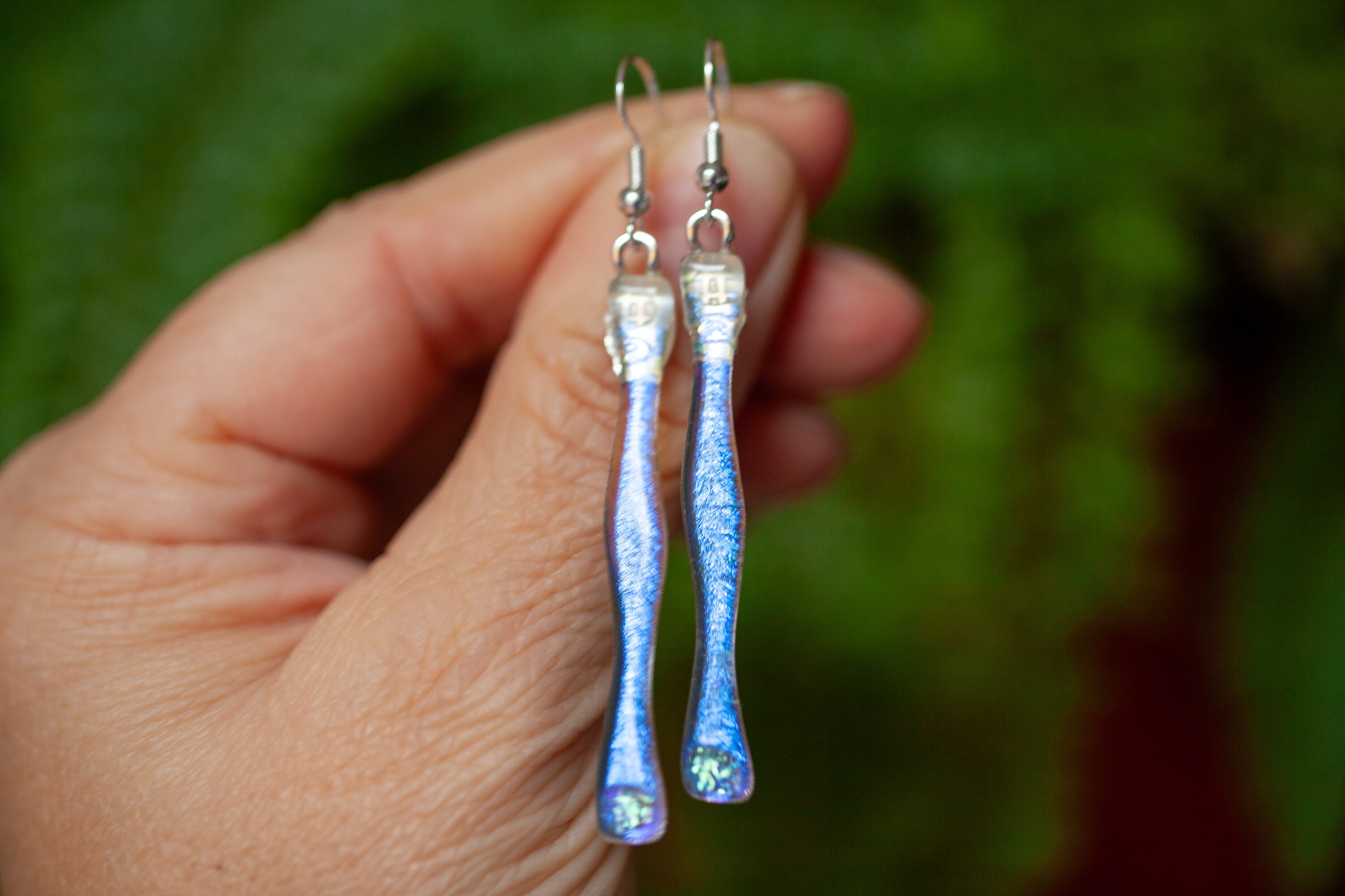 Luscious Long Blue Dichroic Fused Glass Dangle Earrings