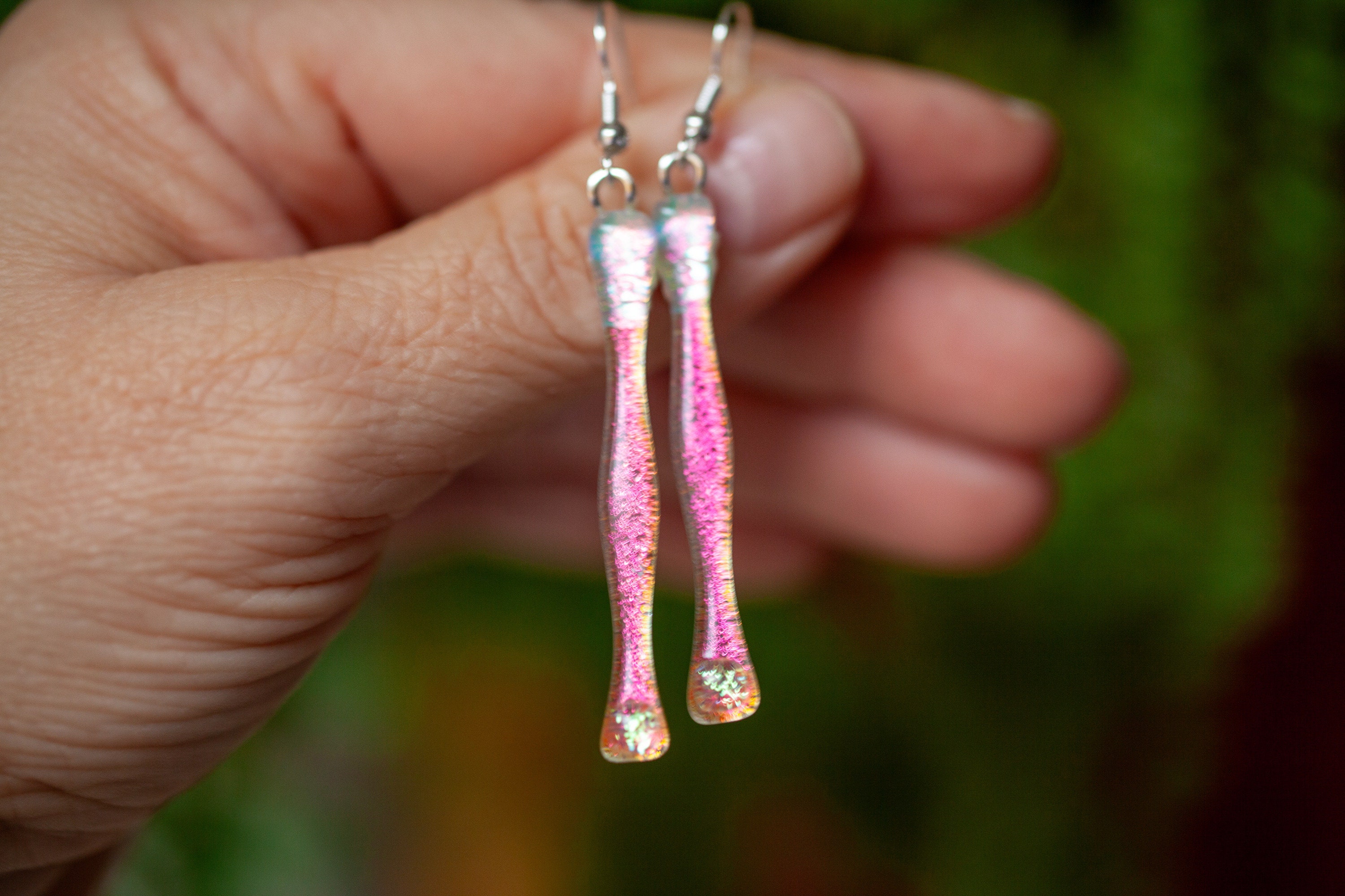 Shimmering Long Pink Dichroic Fused Glass Dangle Earrings