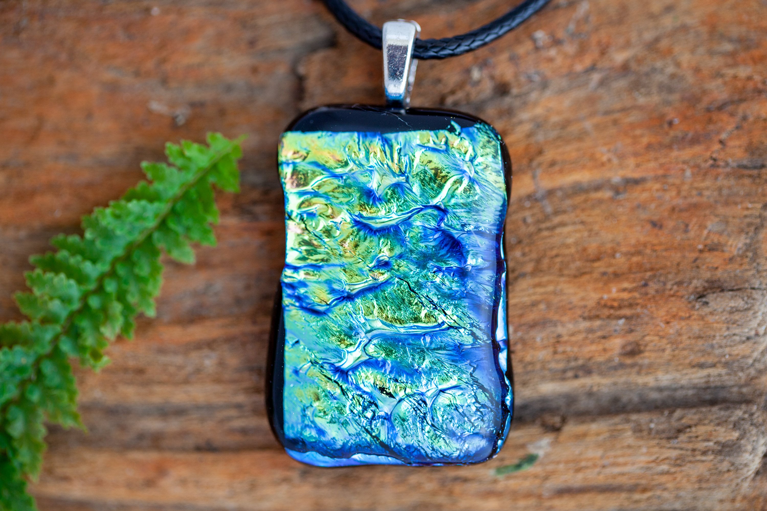 Iced Blue & Gold Handmade Dichroic Glass Pendant, Statement Art Jewellery, Fused Necklace