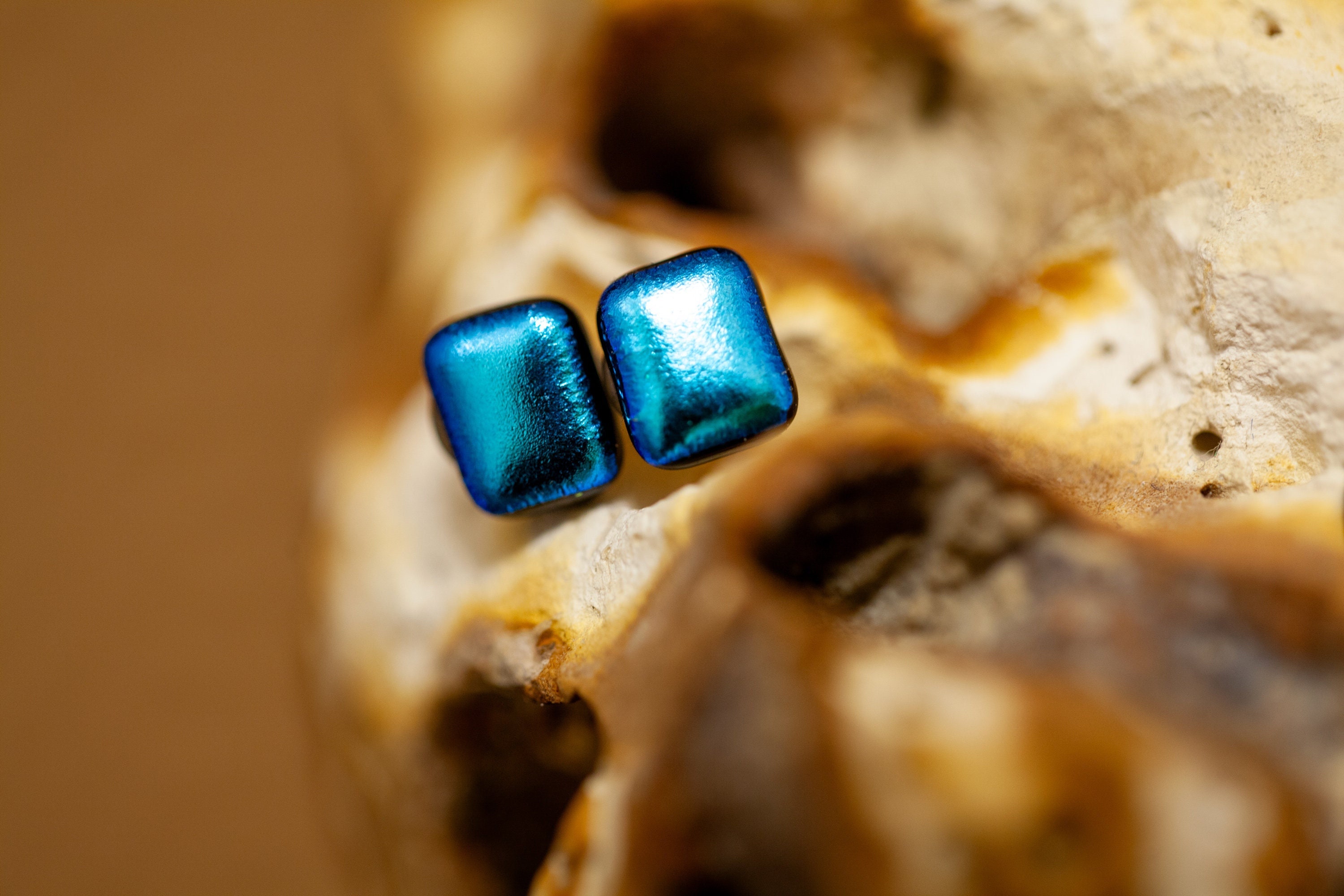 Handmade Metallic Ice Blue Fused Glass Stud Earrings | Sparkling Jewellery Dichroic Surgical Steel