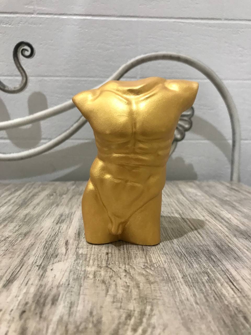 Statuette Of A Male Torso Figure Nude Muscular Body Handmade Plaster Sculpture Painted In