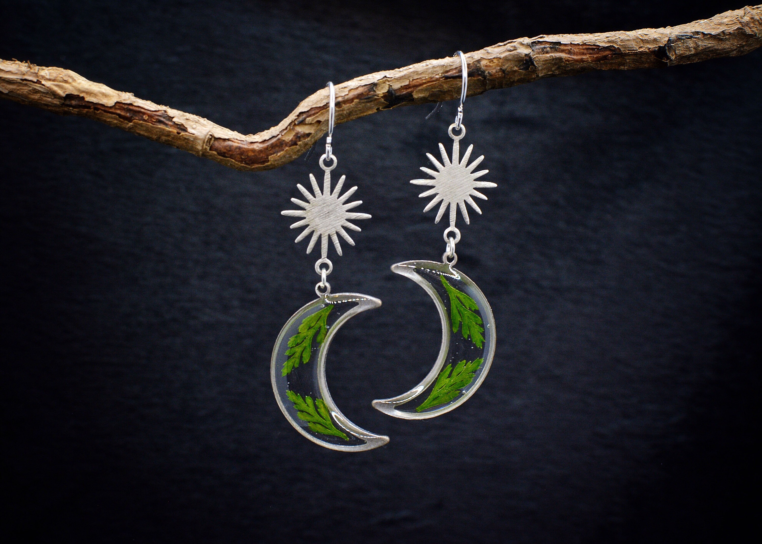 Real Fern Earrings/Moon & Sun Earrings/Celestial Jewelry/Crescent Moon Star Earrings