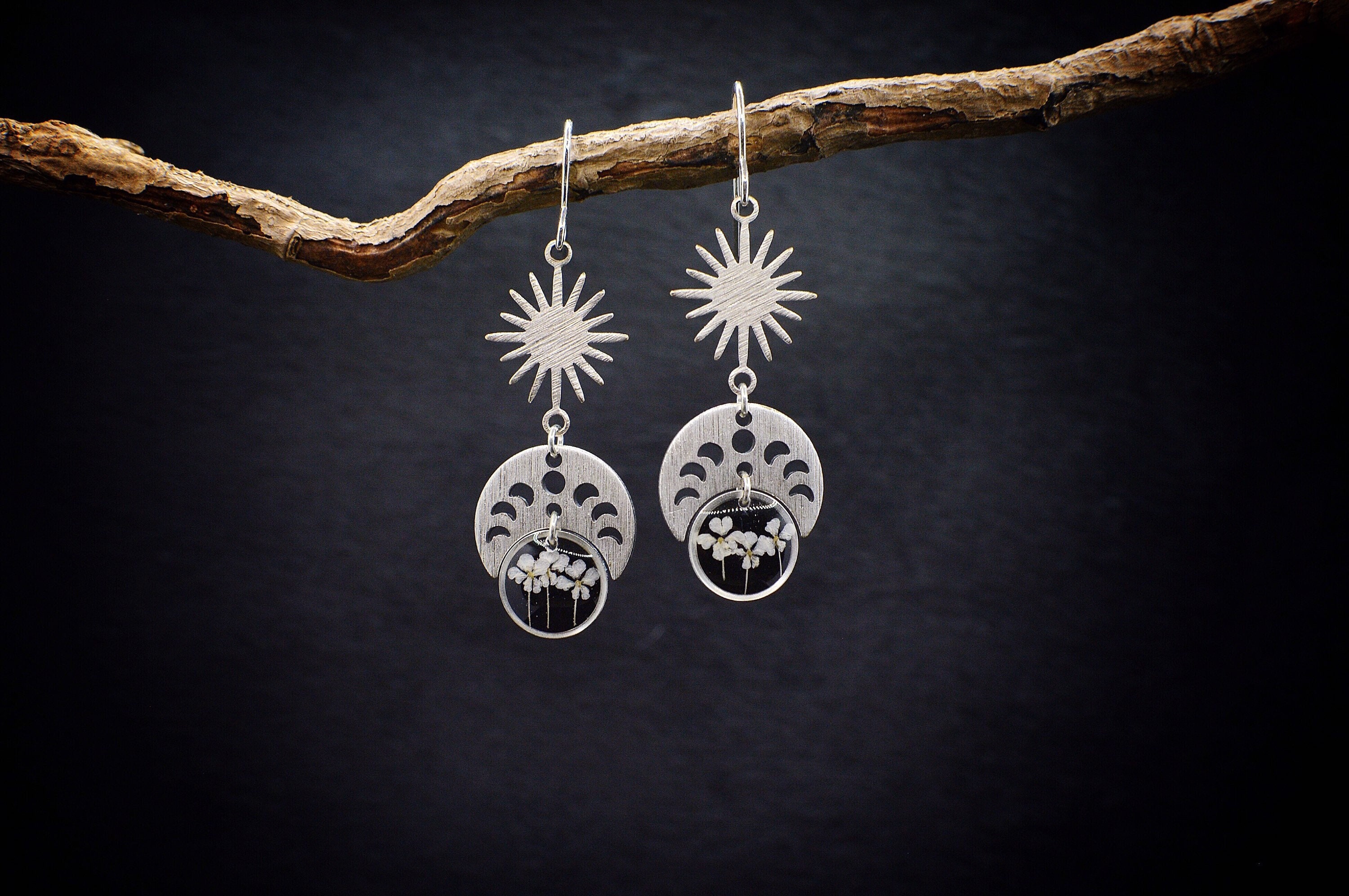 Moon Phase Flower Earrings/Pressed Earrings/Celestial Jewelry/Lunar Earrings