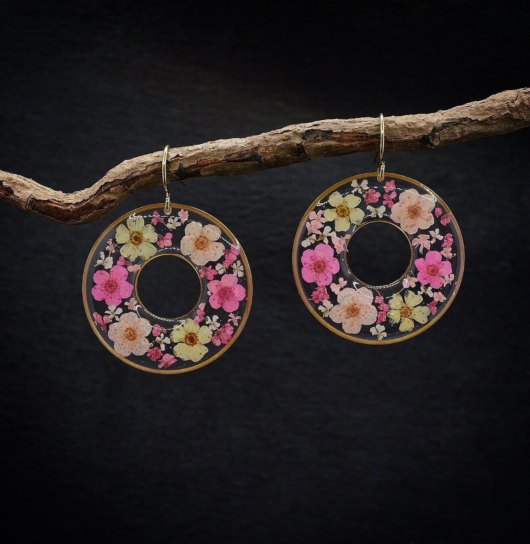 Real Flower Earrings. Botanical Jewelry, Pressed Earrings, Pink Nature Jewelry