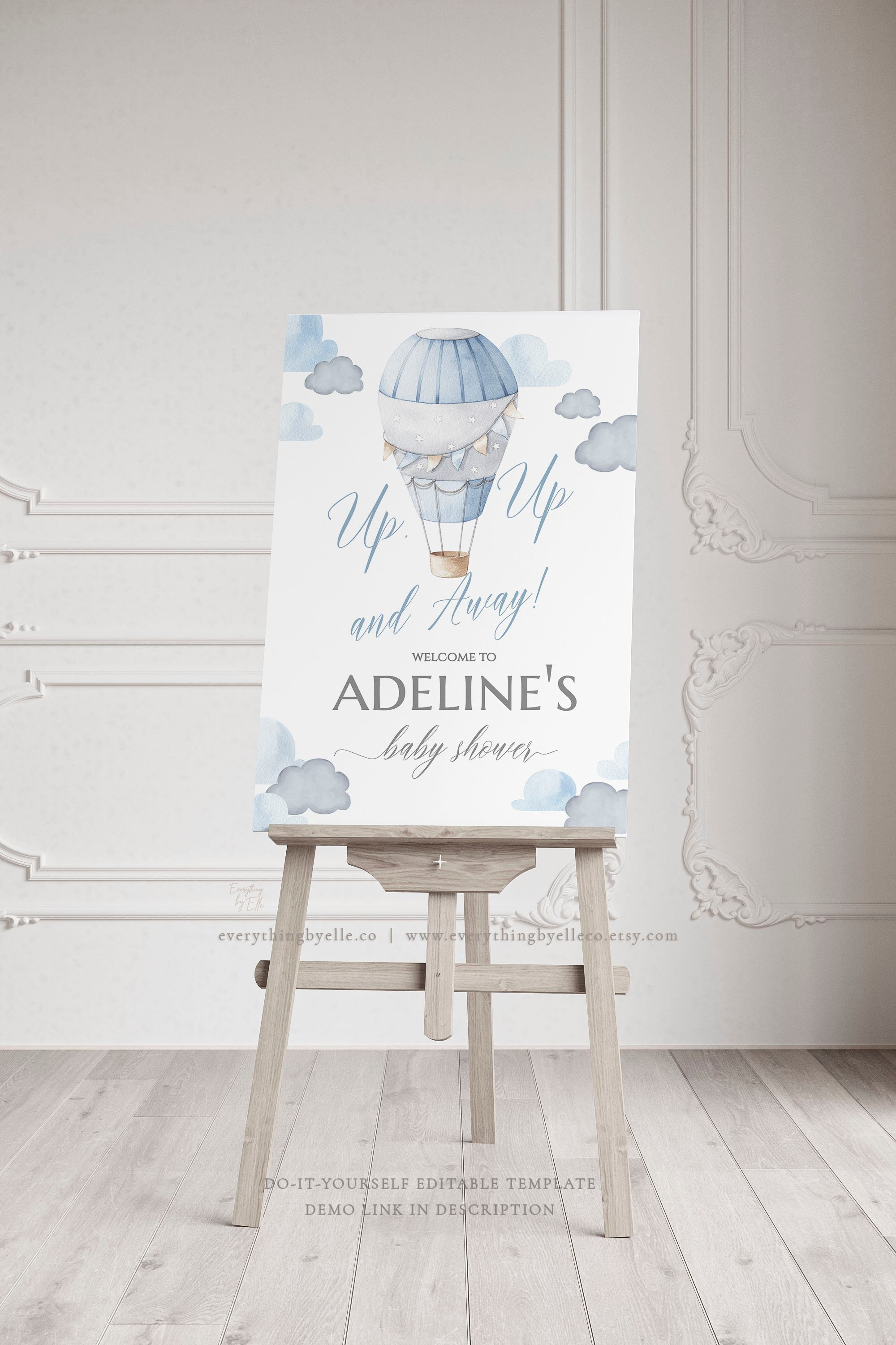 Hot Air Balloon Baby Shower Book Card Editable Blue Boy Hot Etsy